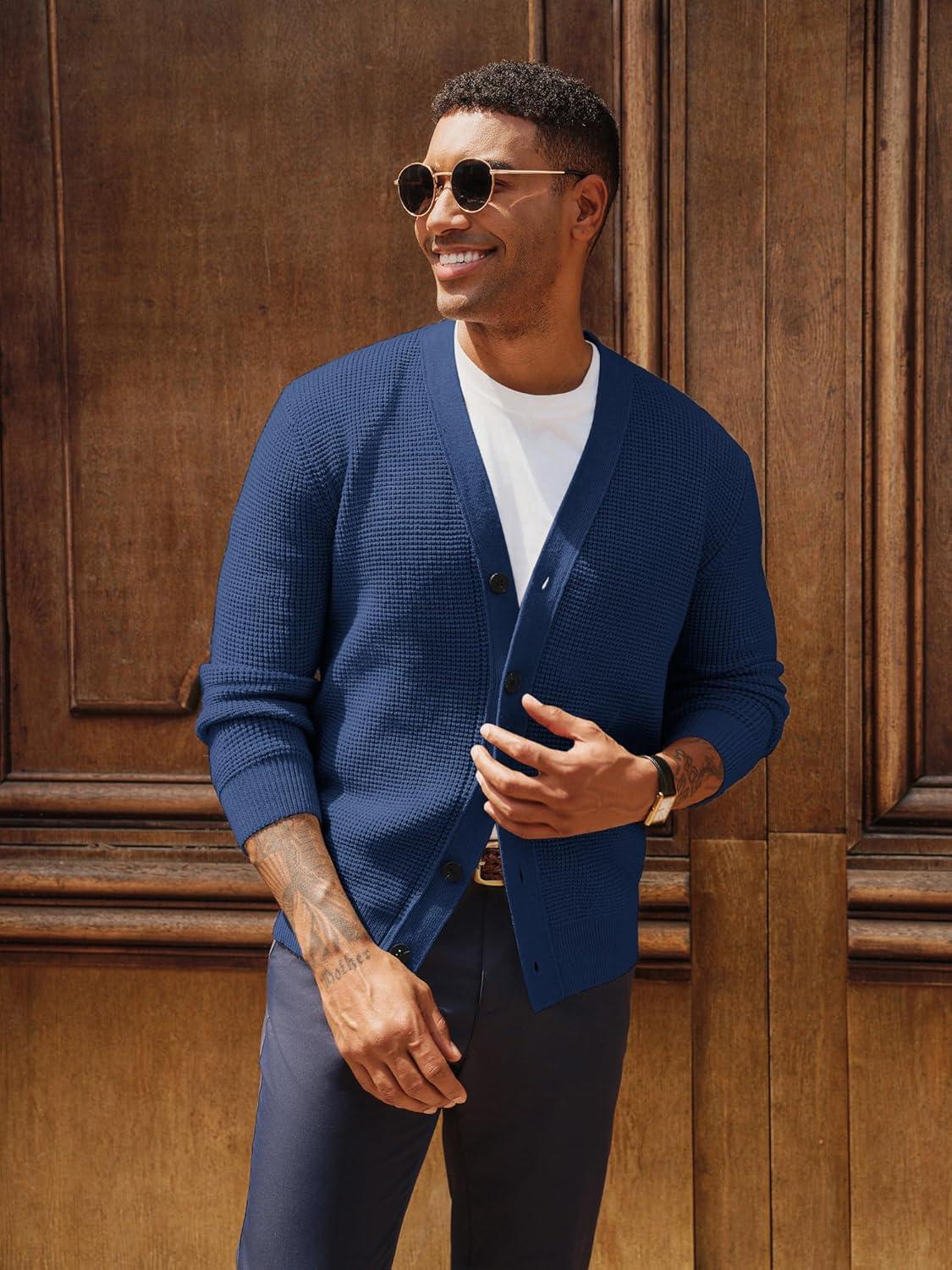 imagePJ PAUL JONES Mens Waffle Textured Cardigan Sweater Long Sleeve VNeck Knitted SweatersBlue