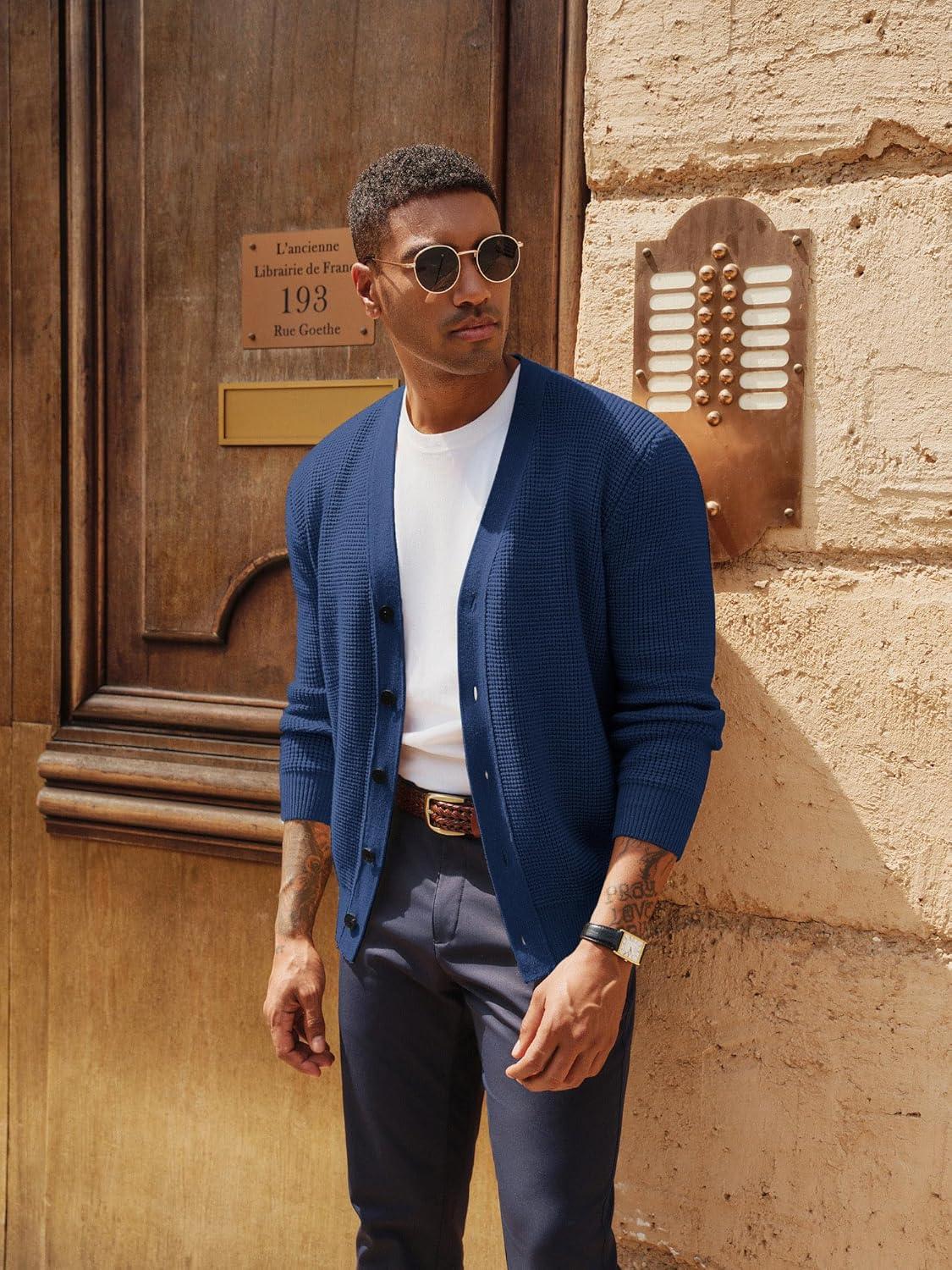 imagePJ PAUL JONES Mens Waffle Textured Cardigan Sweater Long Sleeve VNeck Knitted SweatersBlue