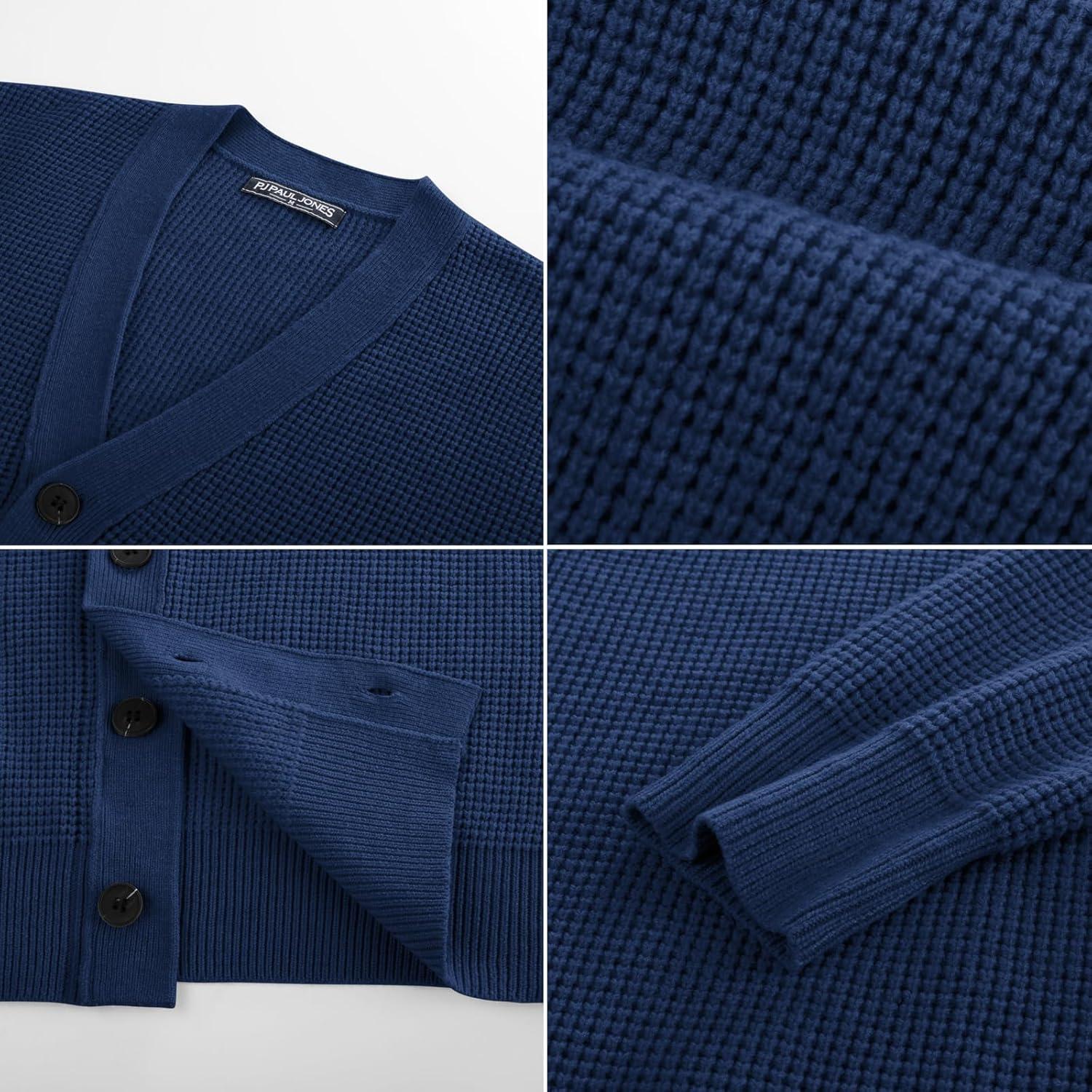 imagePJ PAUL JONES Mens Waffle Textured Cardigan Sweater Long Sleeve VNeck Knitted SweatersBlue