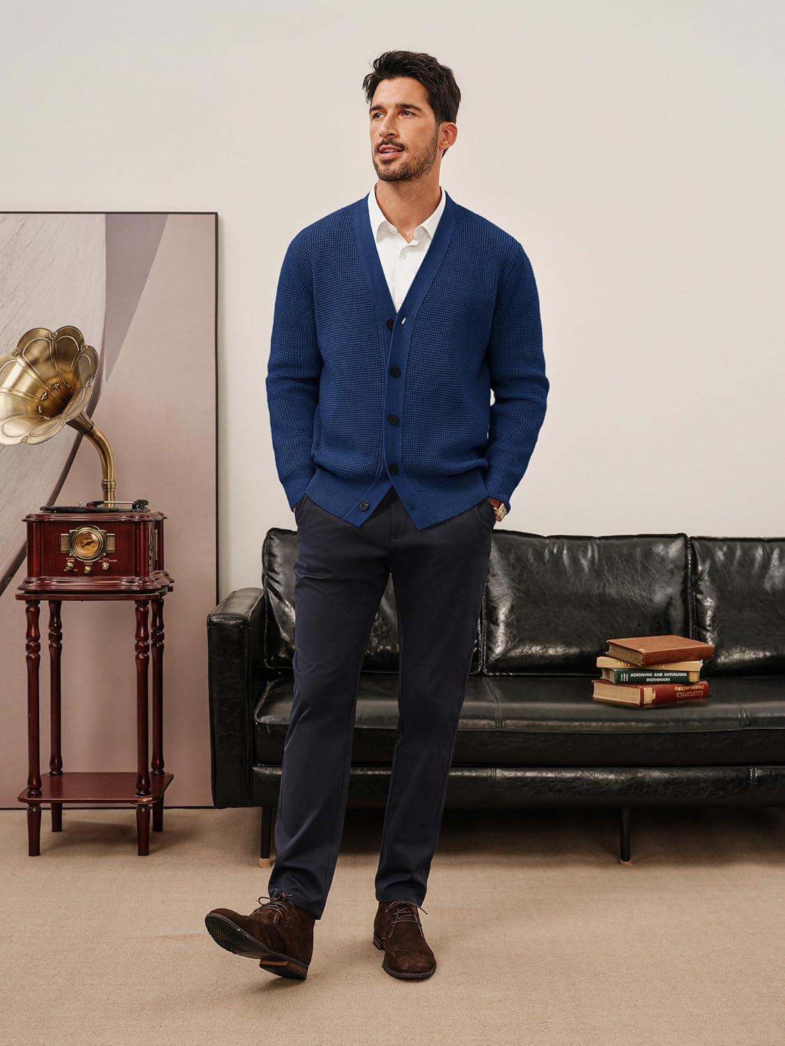 imagePJ PAUL JONES Mens Waffle Textured Cardigan Sweater Long Sleeve VNeck Knitted SweatersBlue