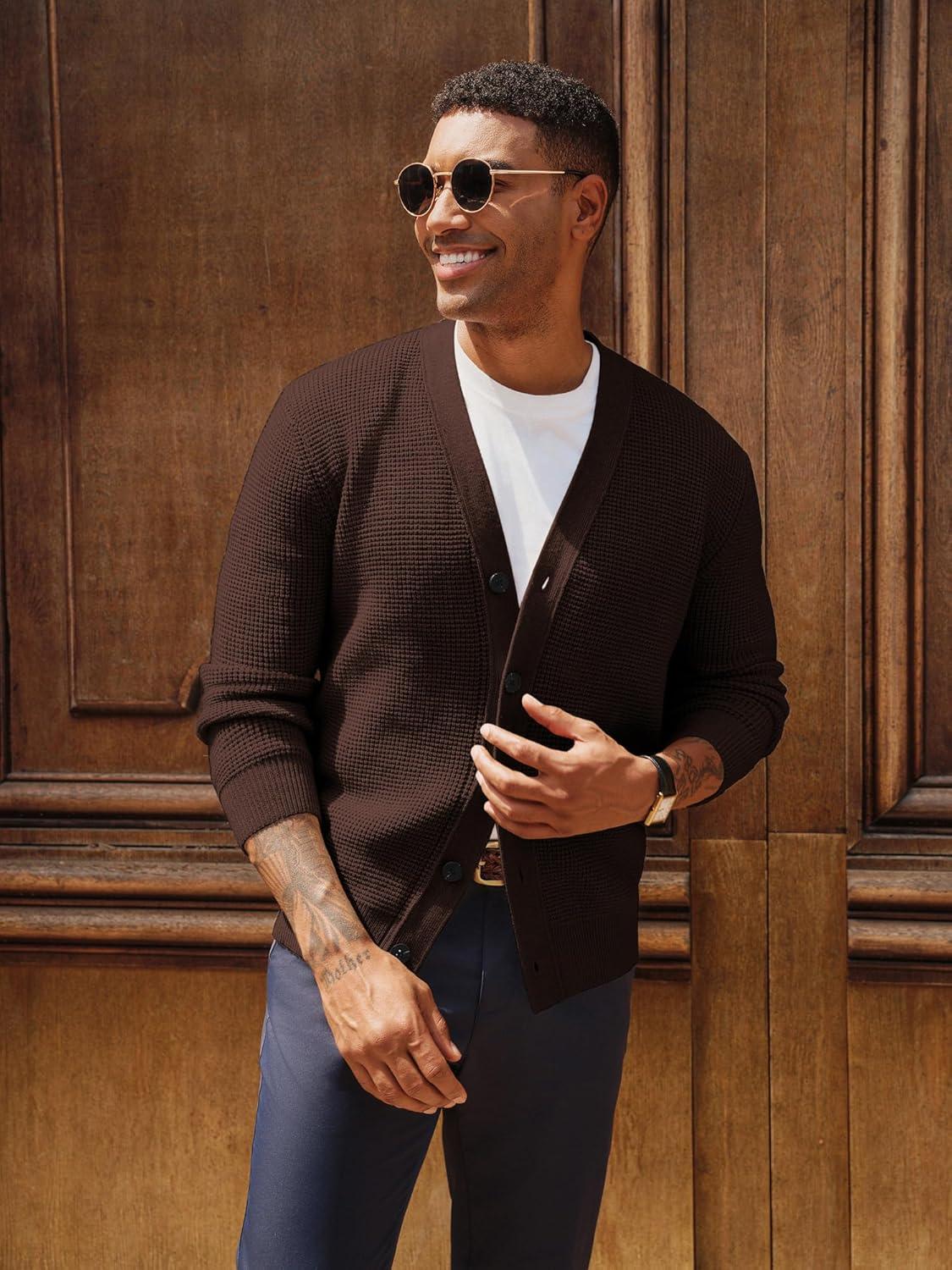 imagePJ PAUL JONES Mens Waffle Textured Cardigan Sweater Long Sleeve VNeck Knitted SweatersCoffee