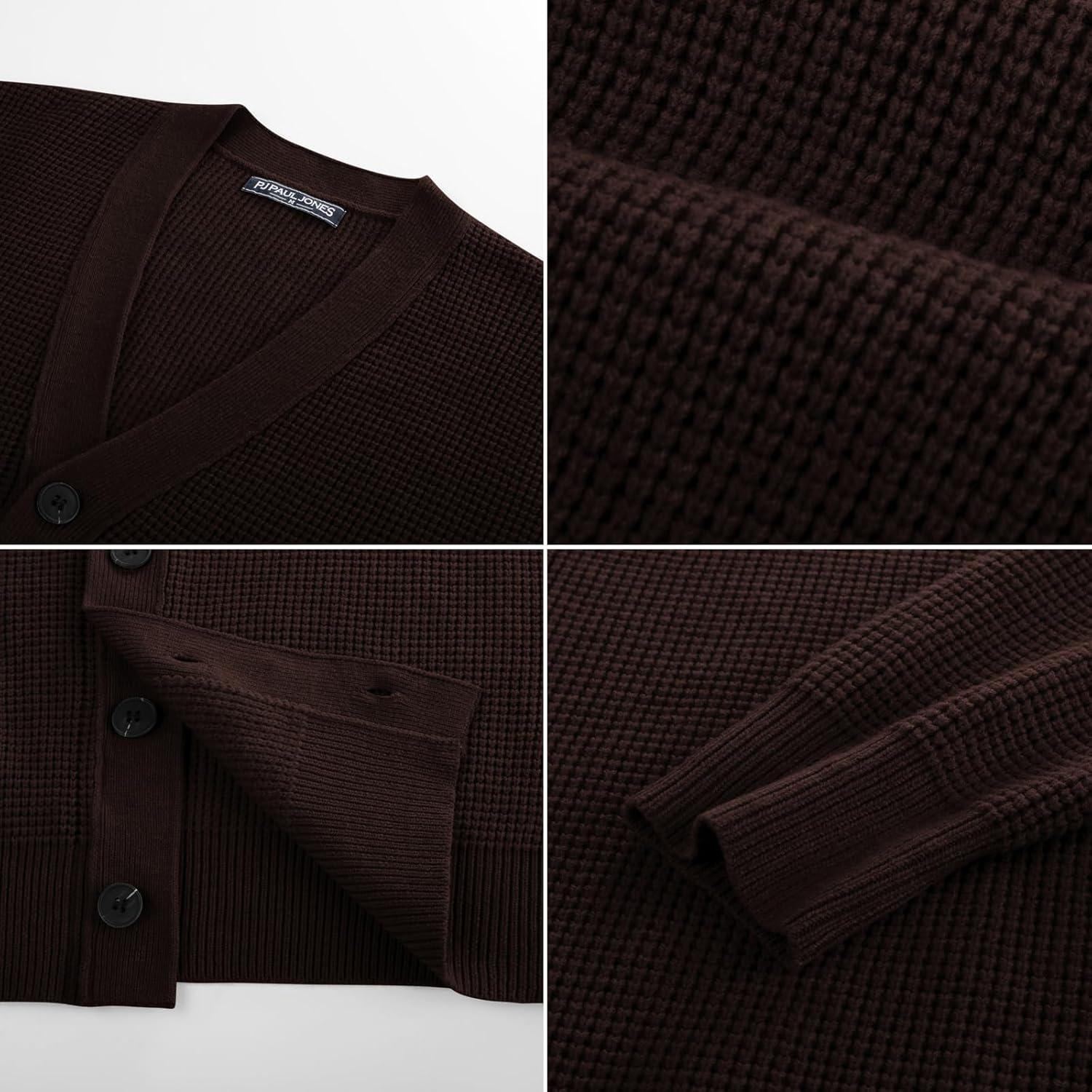 imagePJ PAUL JONES Mens Waffle Textured Cardigan Sweater Long Sleeve VNeck Knitted SweatersCoffee