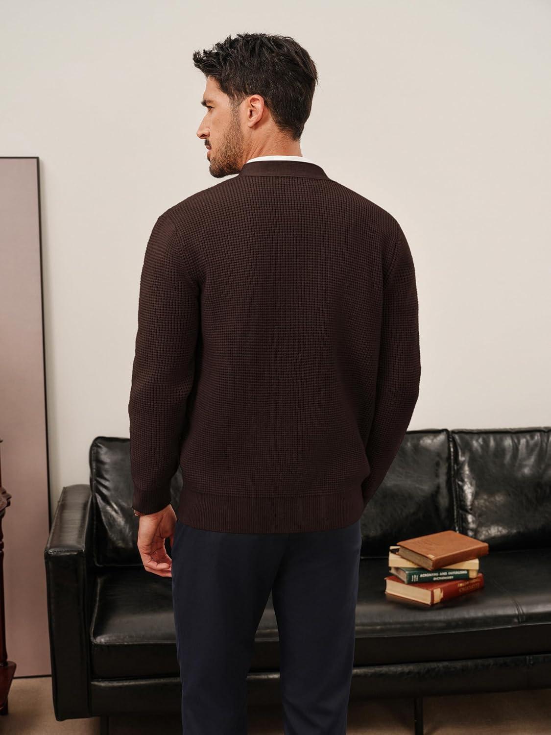 imagePJ PAUL JONES Mens Waffle Textured Cardigan Sweater Long Sleeve VNeck Knitted SweatersCoffee