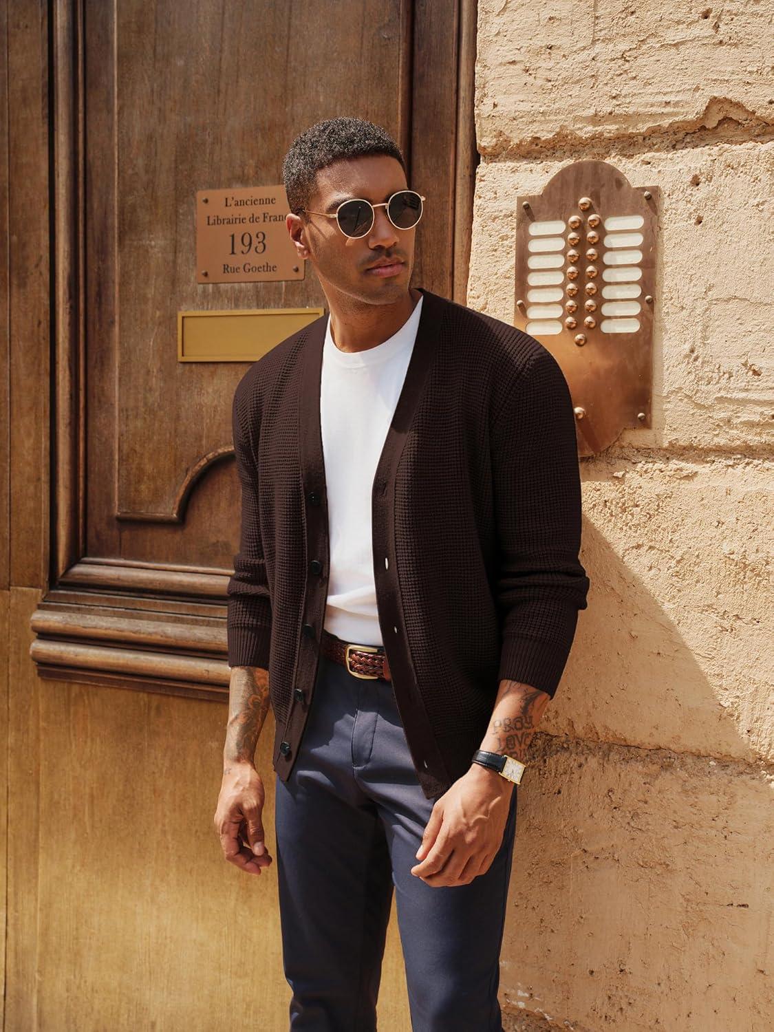 imagePJ PAUL JONES Mens Waffle Textured Cardigan Sweater Long Sleeve VNeck Knitted SweatersCoffee