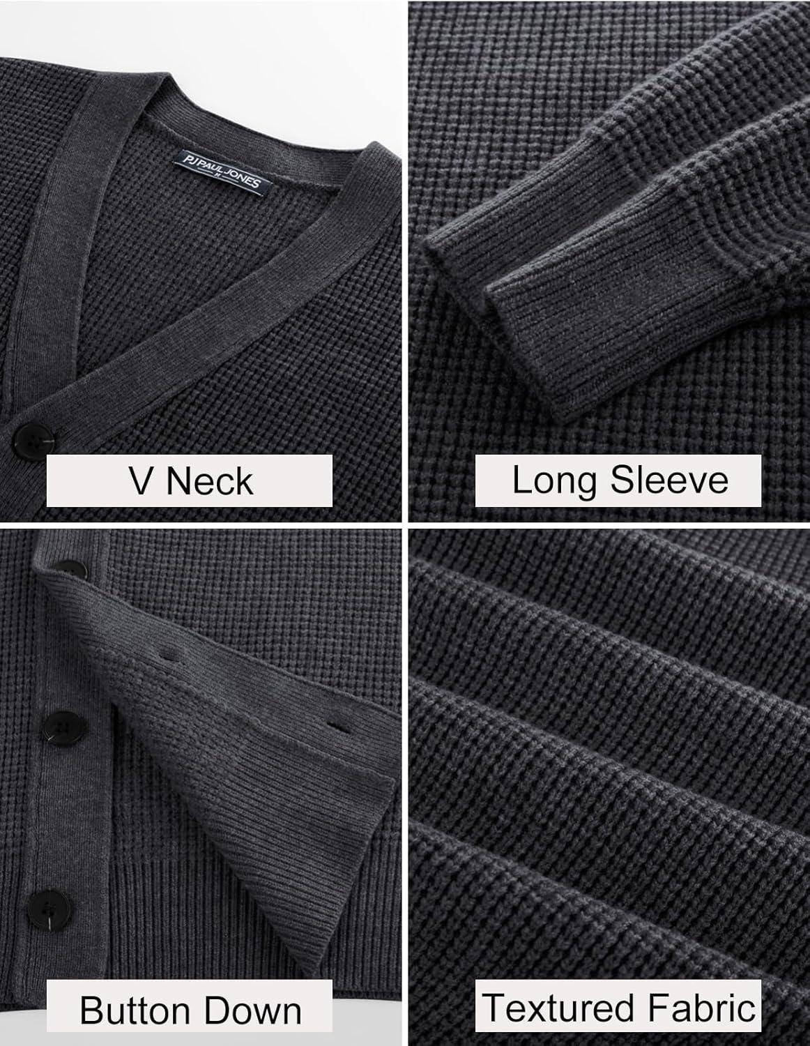 imagePJ PAUL JONES Mens Waffle Textured Cardigan Sweater Long Sleeve VNeck Knitted SweatersDark Grey
