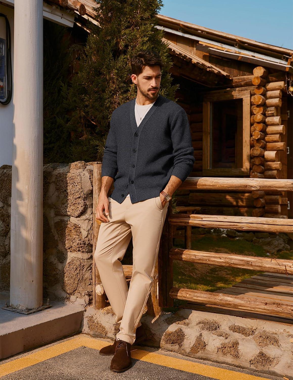 imagePJ PAUL JONES Mens Waffle Textured Cardigan Sweater Long Sleeve VNeck Knitted SweatersDark Grey