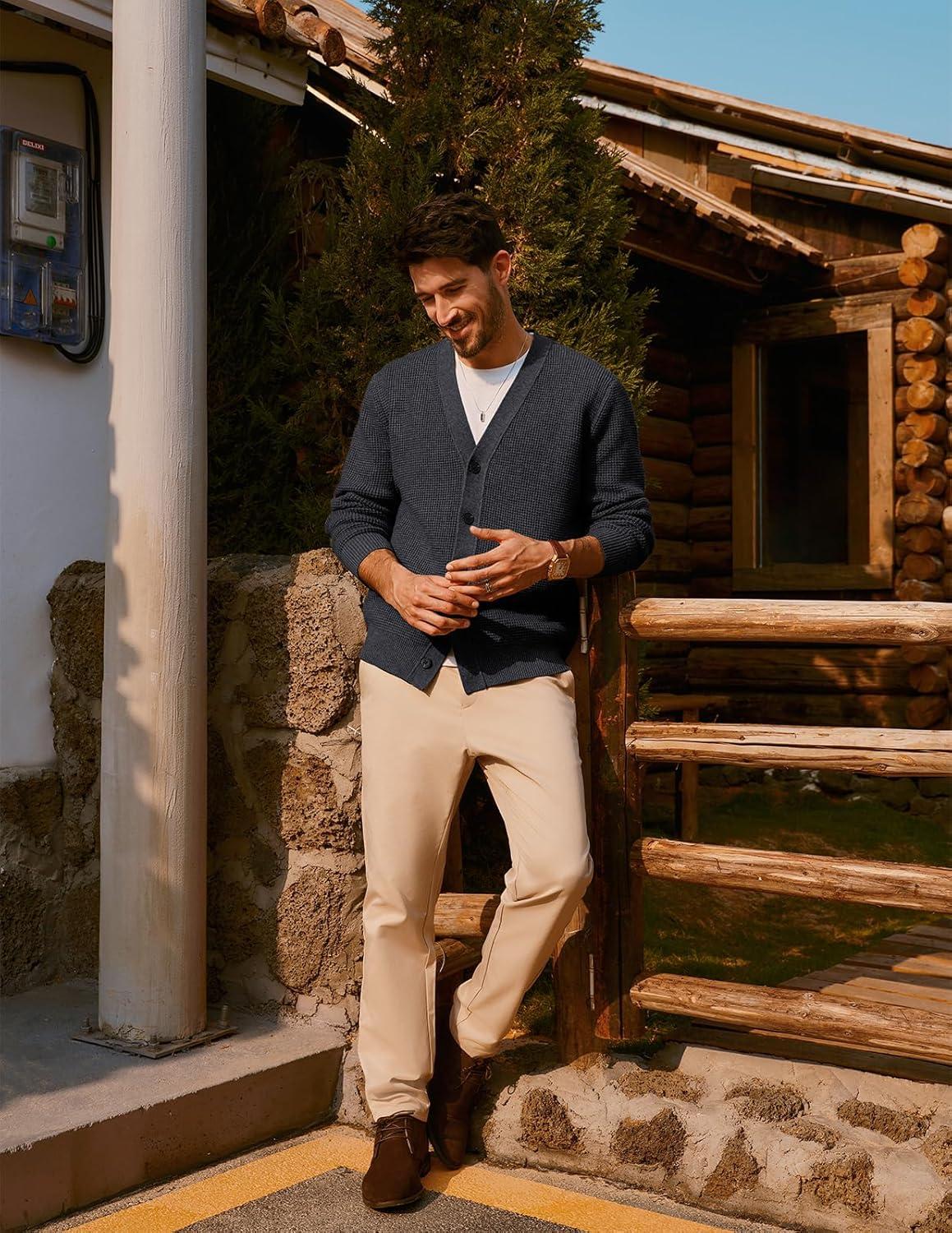 imagePJ PAUL JONES Mens Waffle Textured Cardigan Sweater Long Sleeve VNeck Knitted SweatersDark Grey