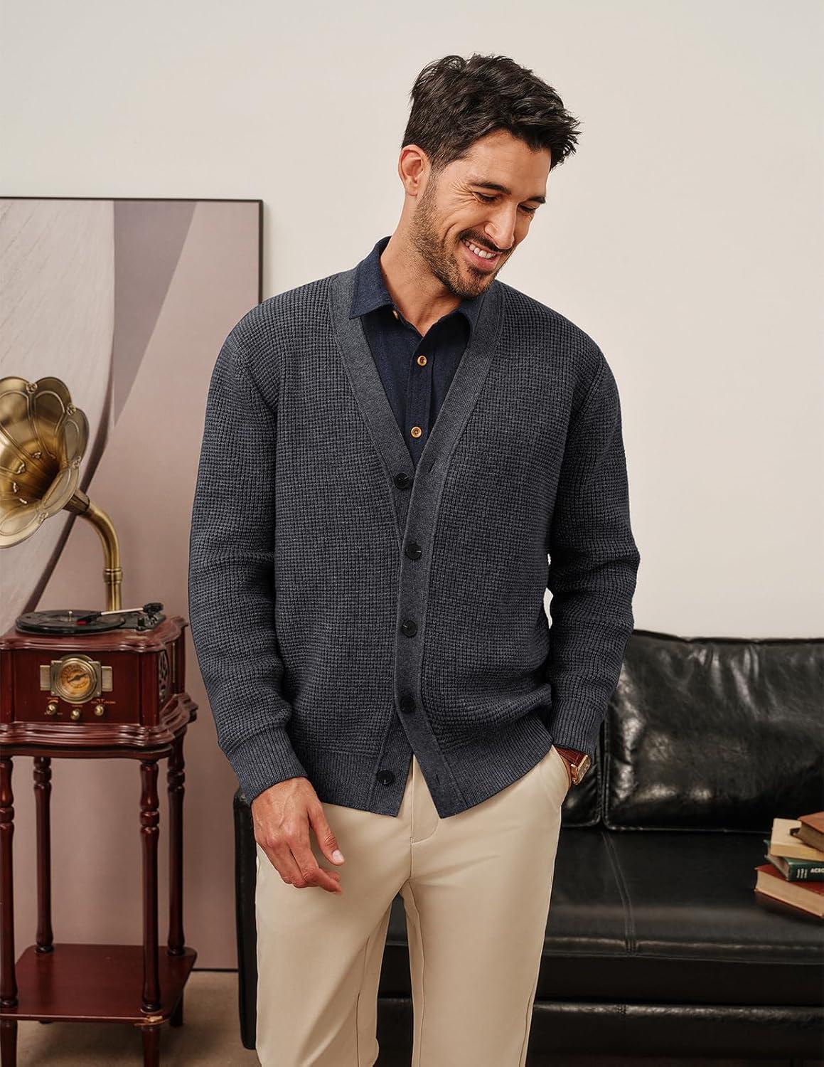 imagePJ PAUL JONES Mens Waffle Textured Cardigan Sweater Long Sleeve VNeck Knitted SweatersDark Grey