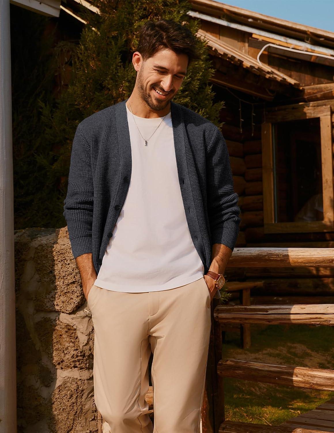 imagePJ PAUL JONES Mens Waffle Textured Cardigan Sweater Long Sleeve VNeck Knitted SweatersDark Grey