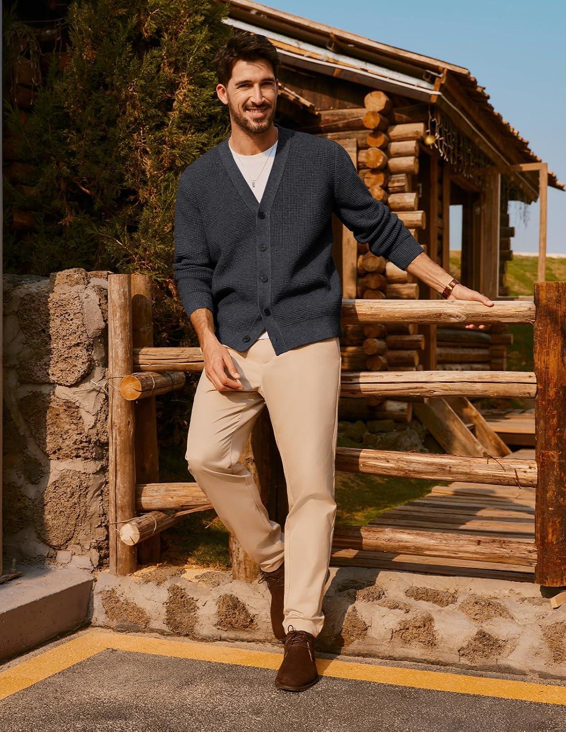 imagePJ PAUL JONES Mens Waffle Textured Cardigan Sweater Long Sleeve VNeck Knitted SweatersDark Grey