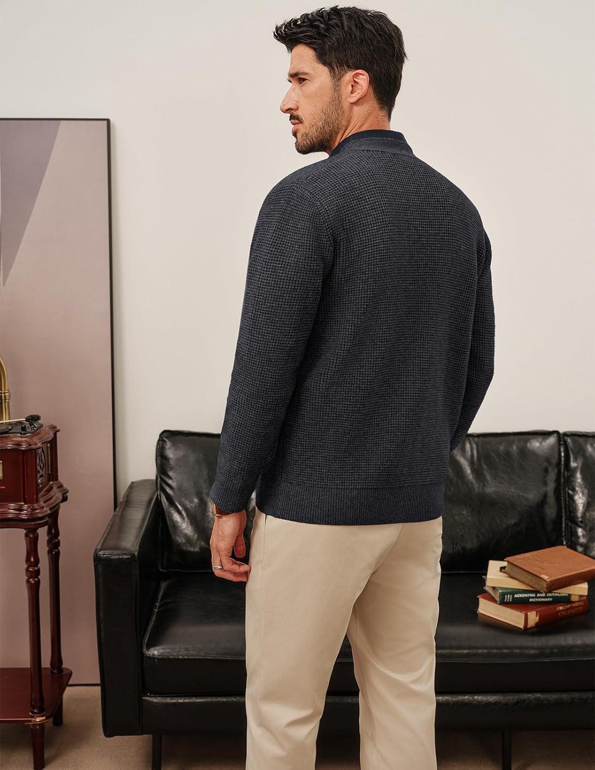 imagePJ PAUL JONES Mens Waffle Textured Cardigan Sweater Long Sleeve VNeck Knitted SweatersDark Grey