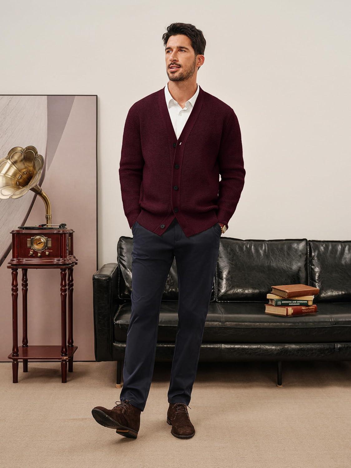 imagePJ PAUL JONES Mens Waffle Textured Cardigan Sweater Long Sleeve VNeck Knitted SweatersDark Red