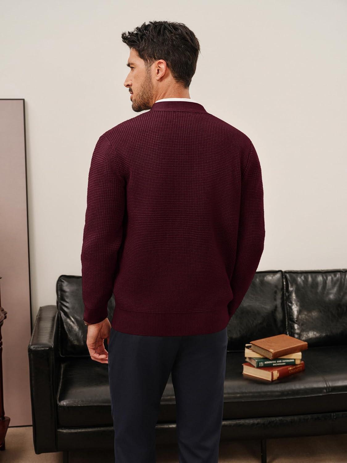 imagePJ PAUL JONES Mens Waffle Textured Cardigan Sweater Long Sleeve VNeck Knitted SweatersDark Red