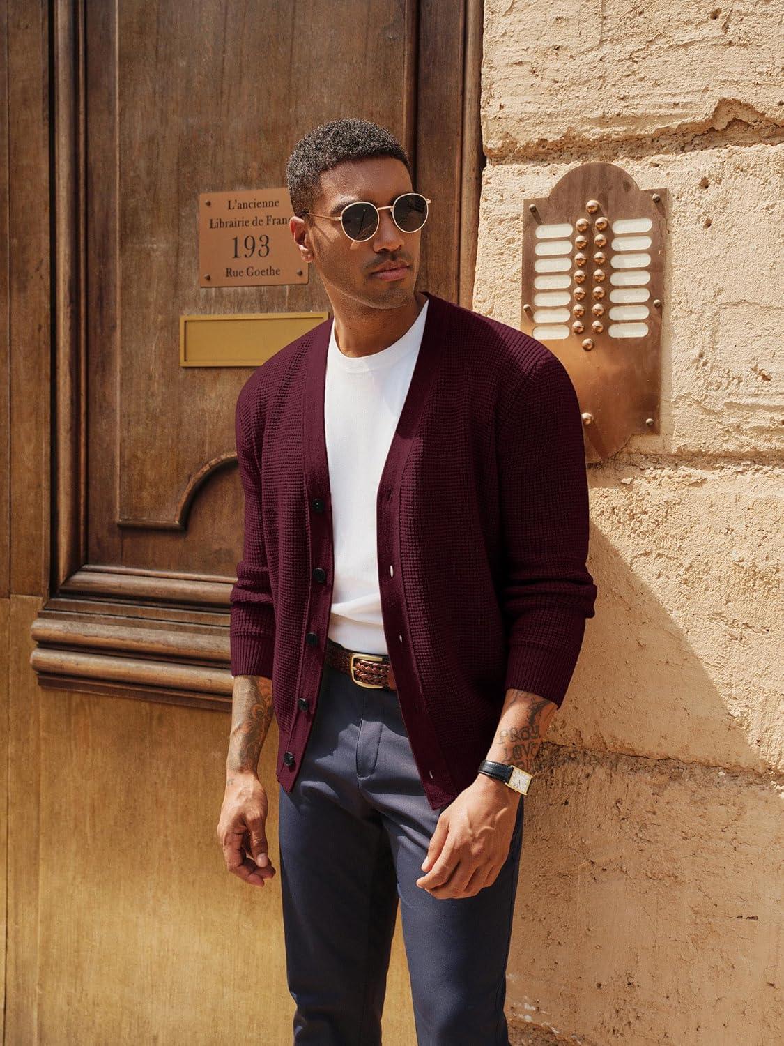 imagePJ PAUL JONES Mens Waffle Textured Cardigan Sweater Long Sleeve VNeck Knitted SweatersDark Red