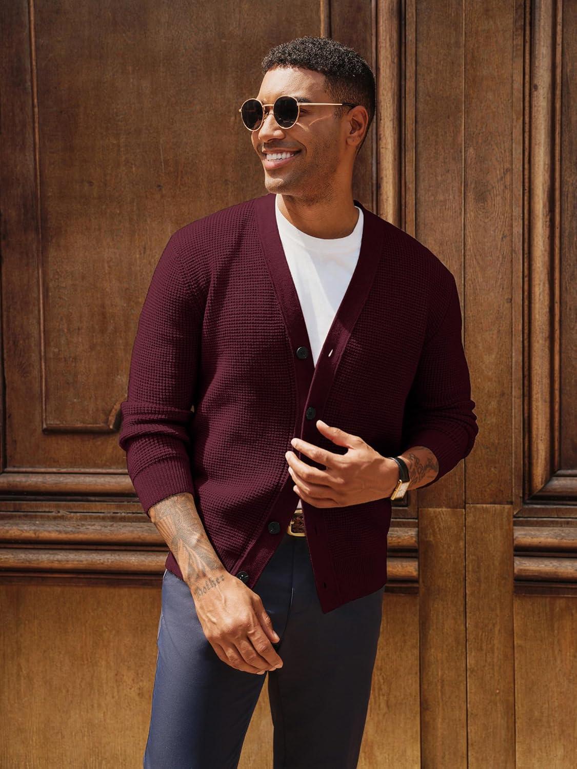 imagePJ PAUL JONES Mens Waffle Textured Cardigan Sweater Long Sleeve VNeck Knitted SweatersDark Red