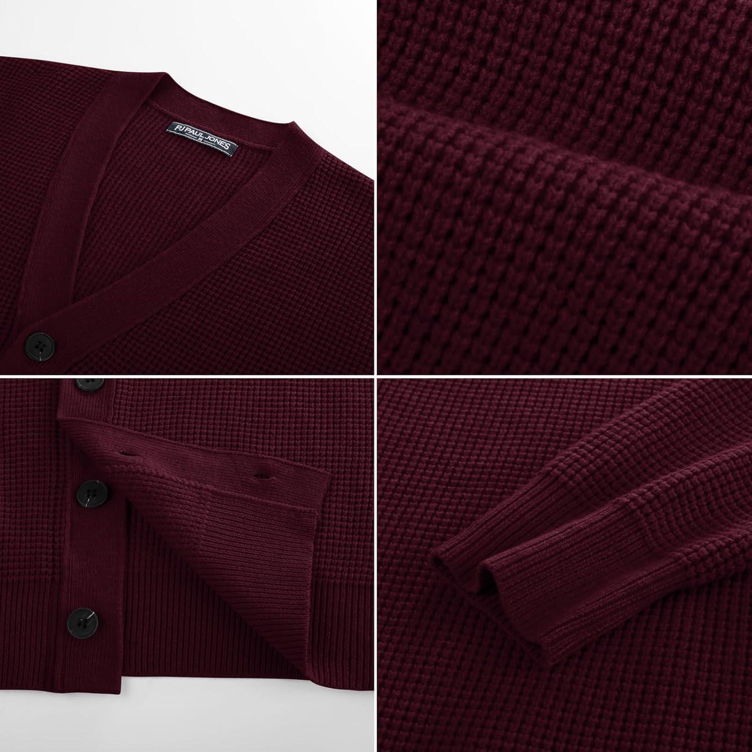 imagePJ PAUL JONES Mens Waffle Textured Cardigan Sweater Long Sleeve VNeck Knitted SweatersDark Red