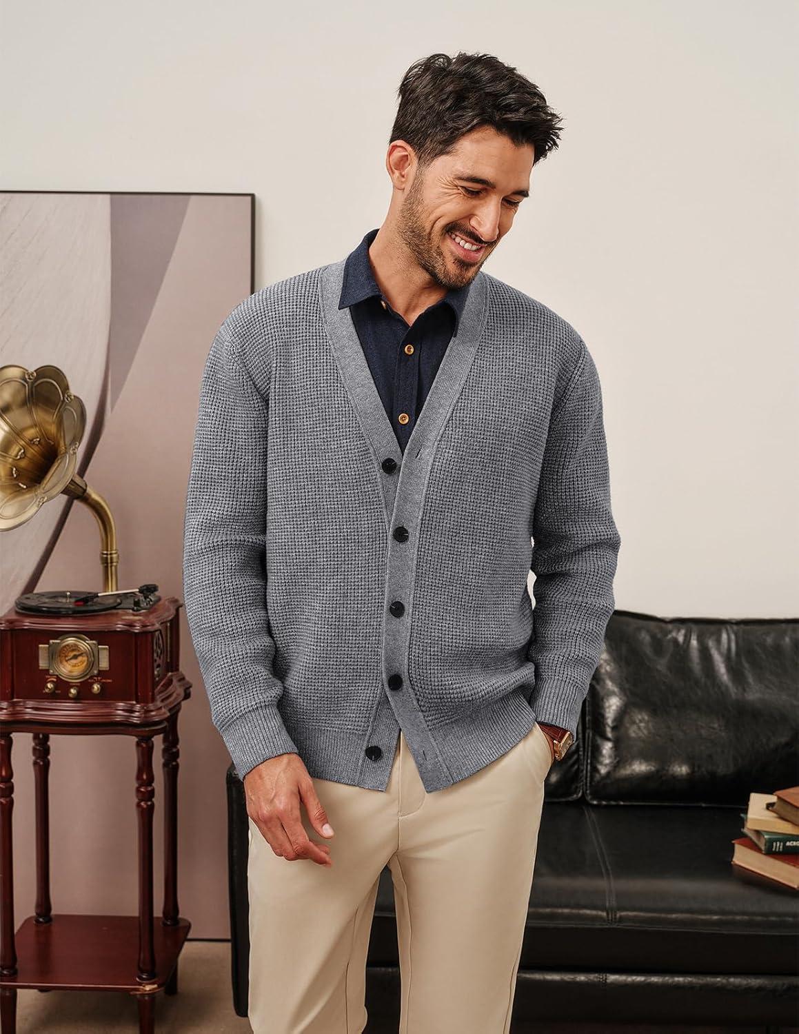 imagePJ PAUL JONES Mens Waffle Textured Cardigan Sweater Long Sleeve VNeck Knitted SweatersGrey