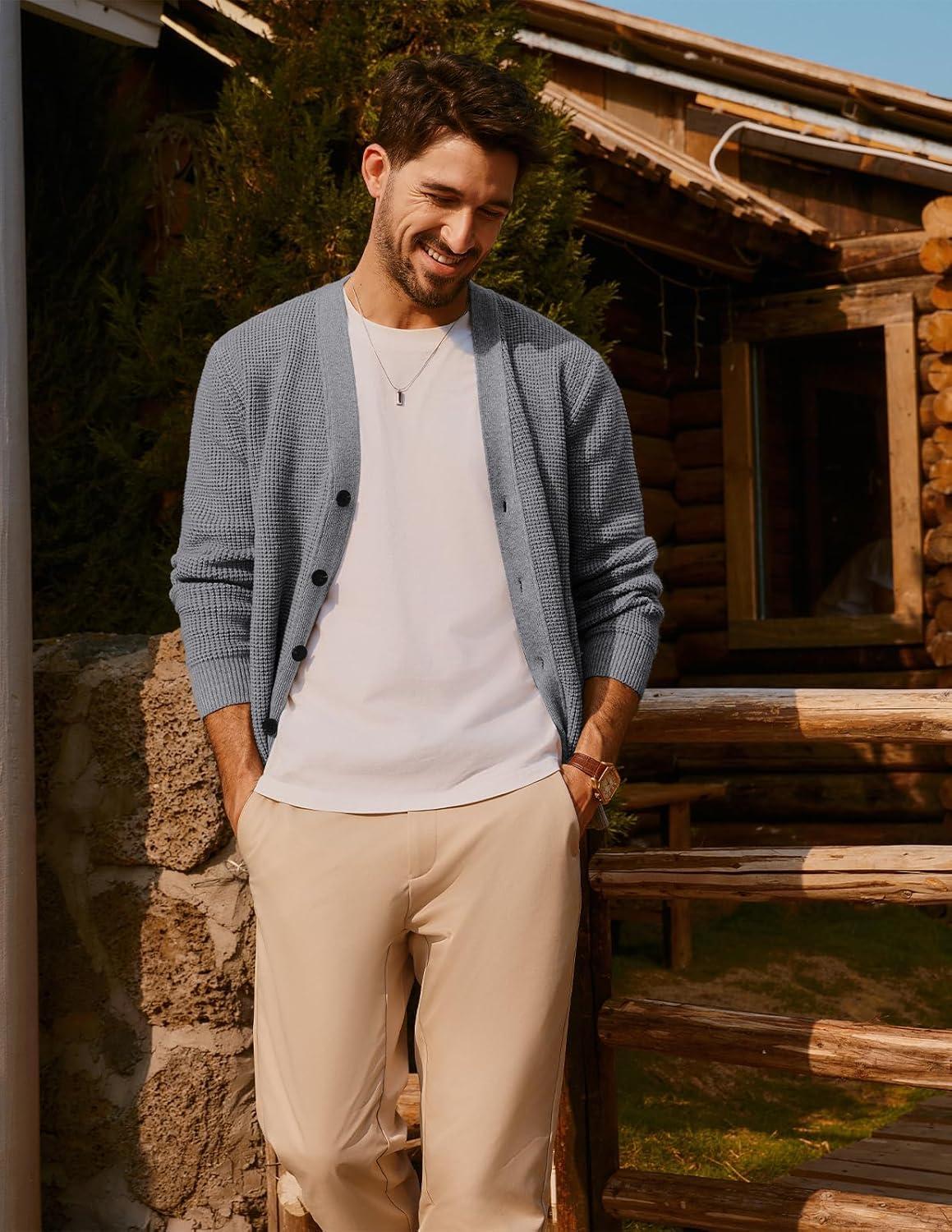 imagePJ PAUL JONES Mens Waffle Textured Cardigan Sweater Long Sleeve VNeck Knitted SweatersGrey