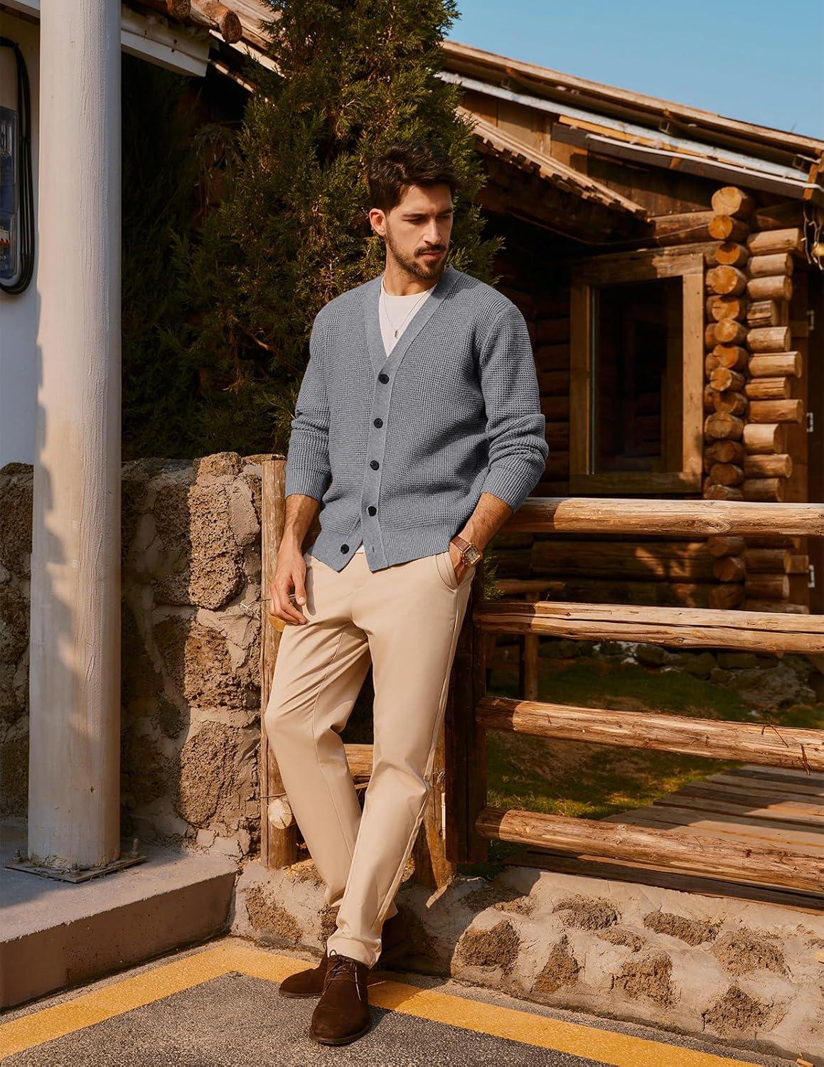 imagePJ PAUL JONES Mens Waffle Textured Cardigan Sweater Long Sleeve VNeck Knitted SweatersGrey