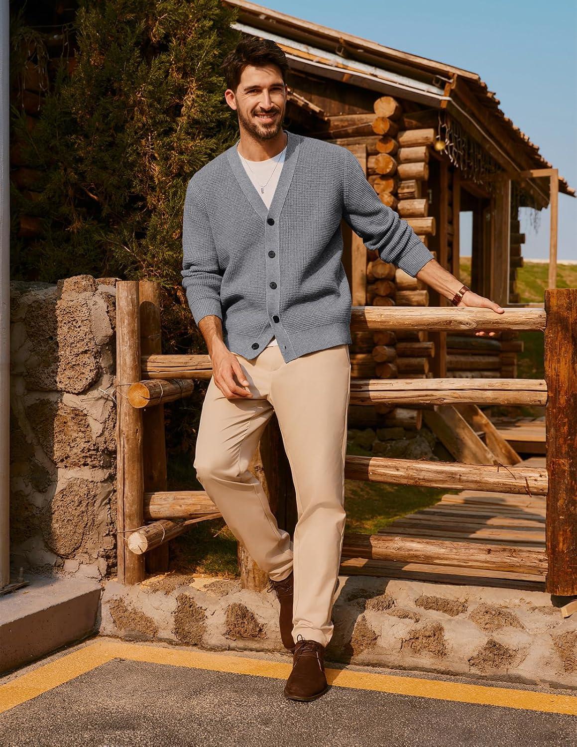 imagePJ PAUL JONES Mens Waffle Textured Cardigan Sweater Long Sleeve VNeck Knitted SweatersGrey