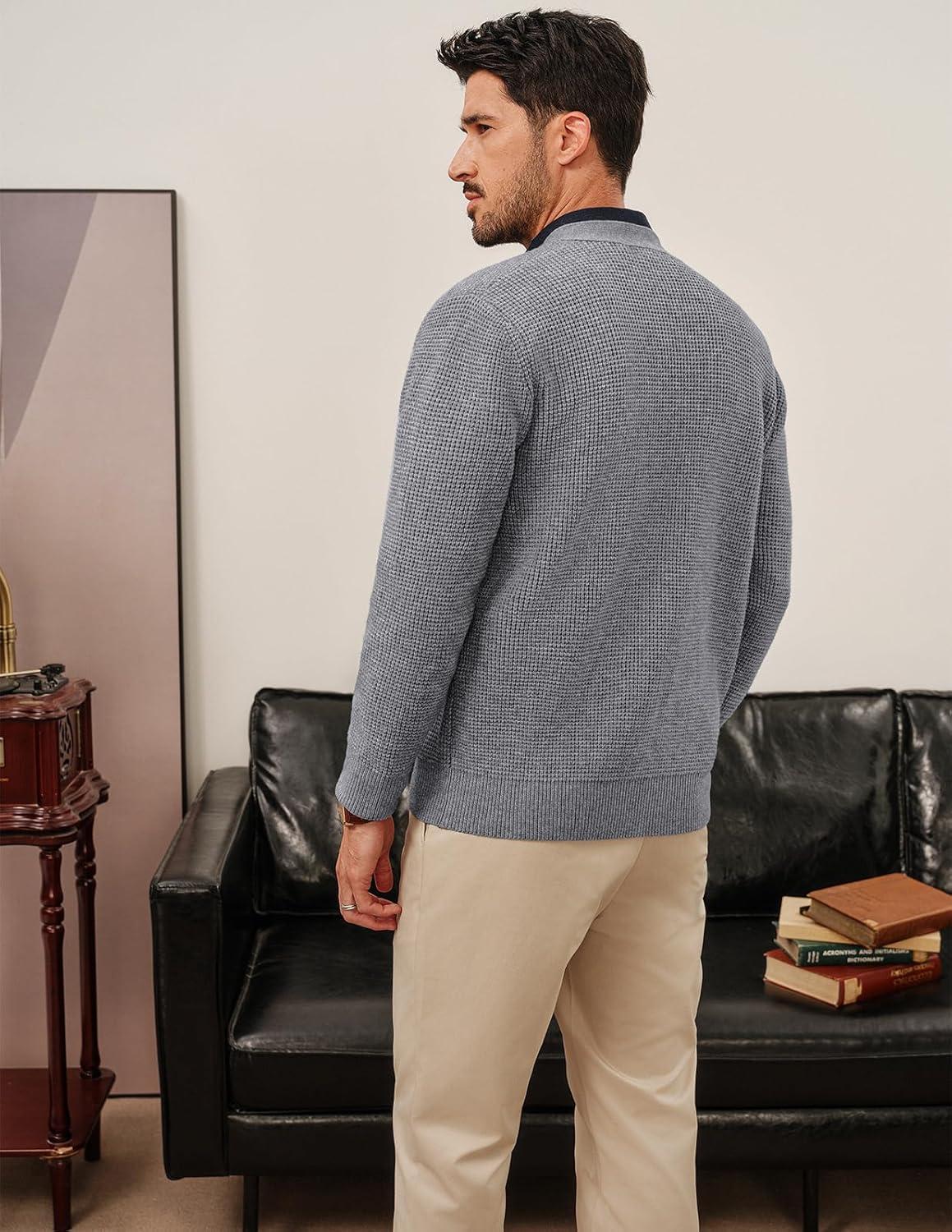 imagePJ PAUL JONES Mens Waffle Textured Cardigan Sweater Long Sleeve VNeck Knitted SweatersGrey