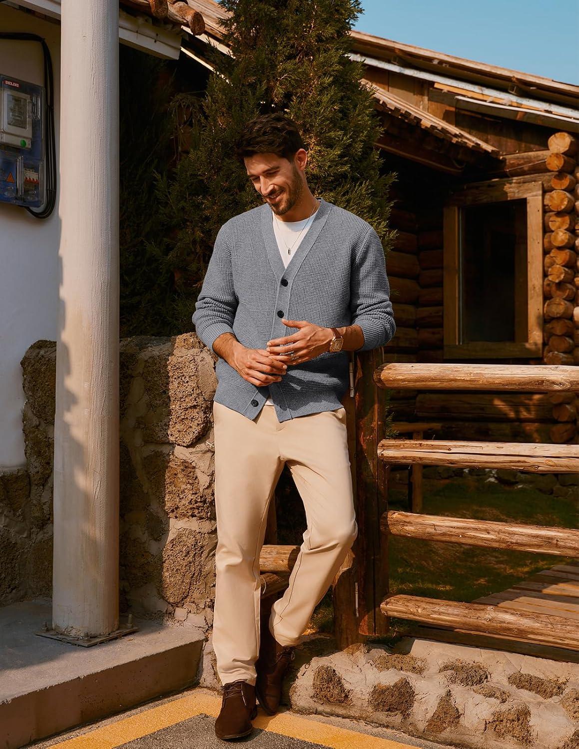 imagePJ PAUL JONES Mens Waffle Textured Cardigan Sweater Long Sleeve VNeck Knitted SweatersGrey