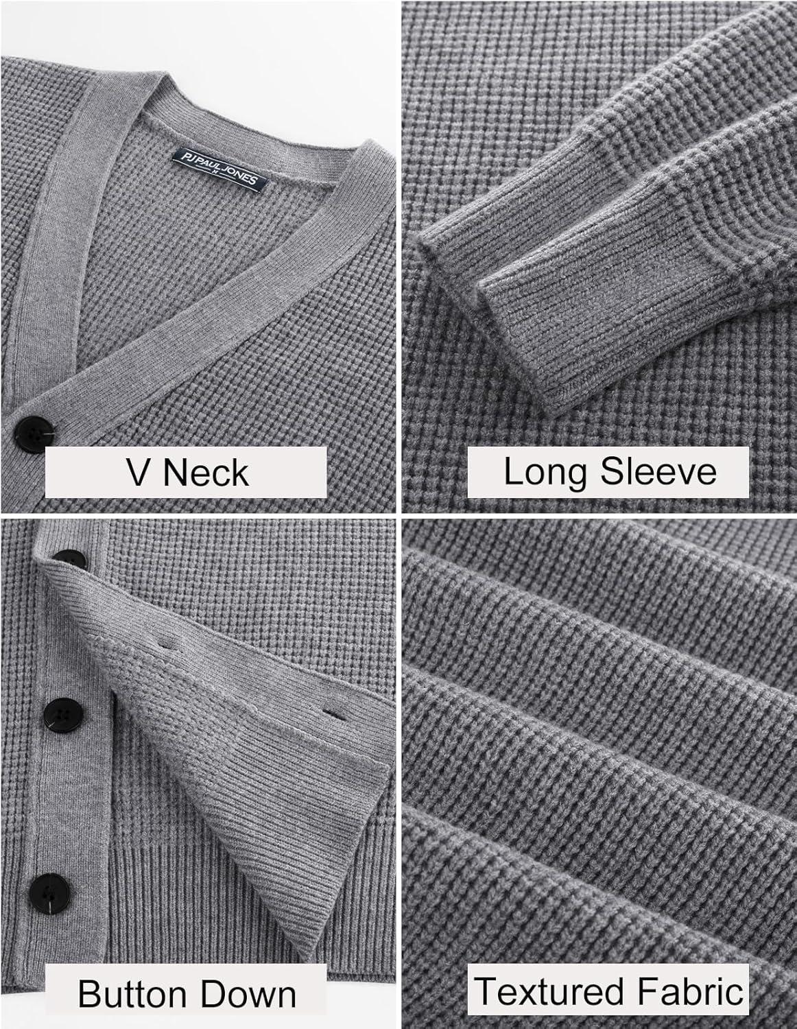 imagePJ PAUL JONES Mens Waffle Textured Cardigan Sweater Long Sleeve VNeck Knitted SweatersGrey