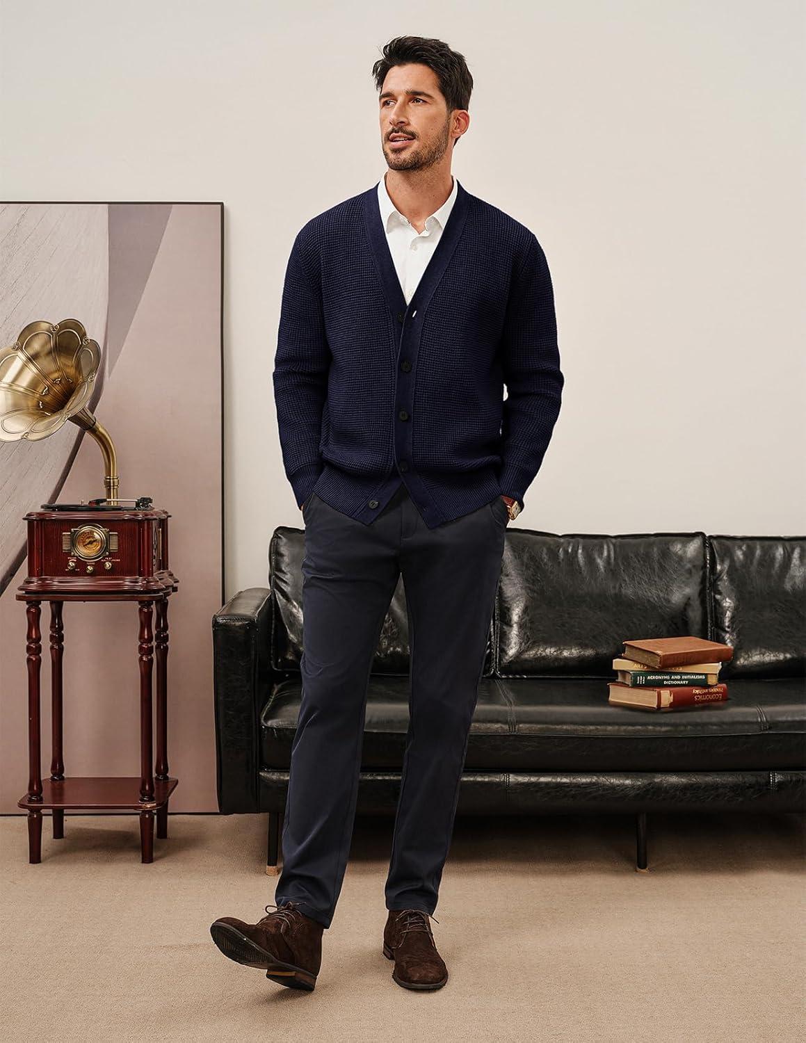 imagePJ PAUL JONES Mens Waffle Textured Cardigan Sweater Long Sleeve VNeck Knitted SweatersNavy Blue