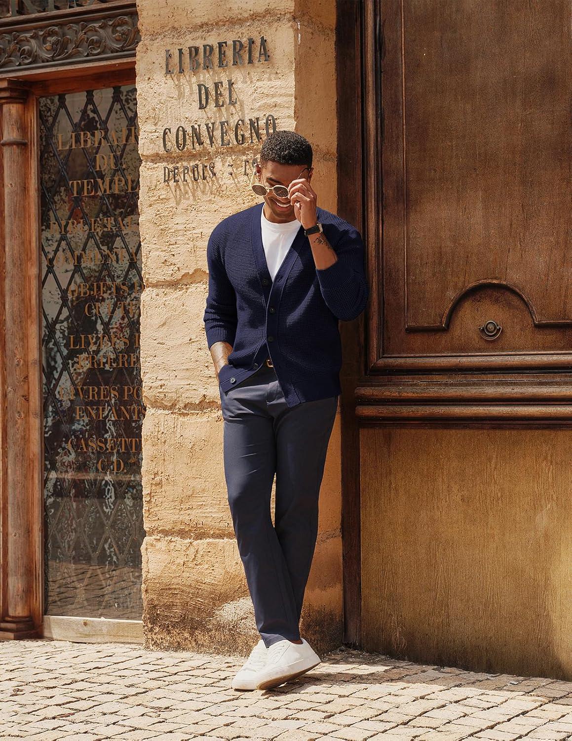 imagePJ PAUL JONES Mens Waffle Textured Cardigan Sweater Long Sleeve VNeck Knitted SweatersNavy Blue