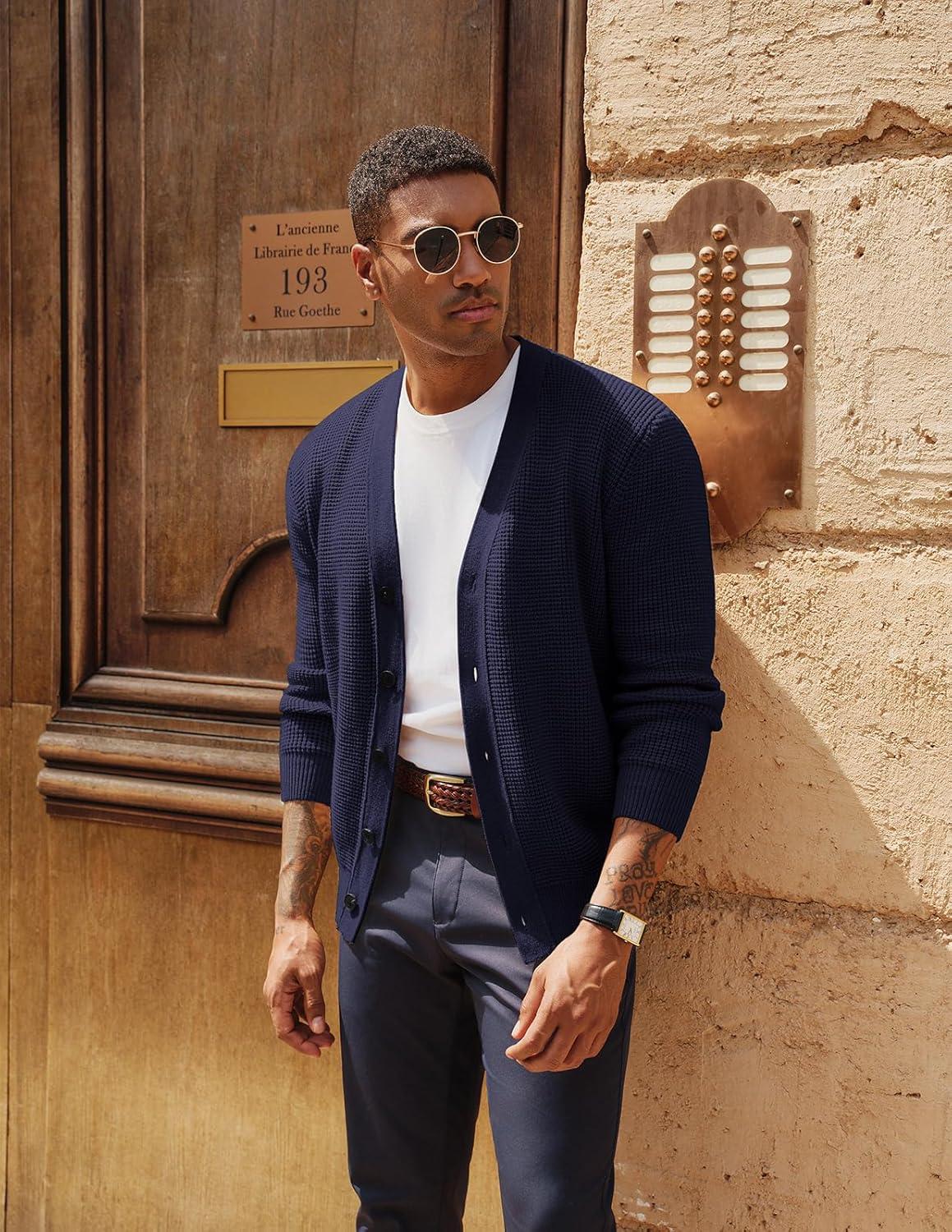 imagePJ PAUL JONES Mens Waffle Textured Cardigan Sweater Long Sleeve VNeck Knitted SweatersNavy Blue