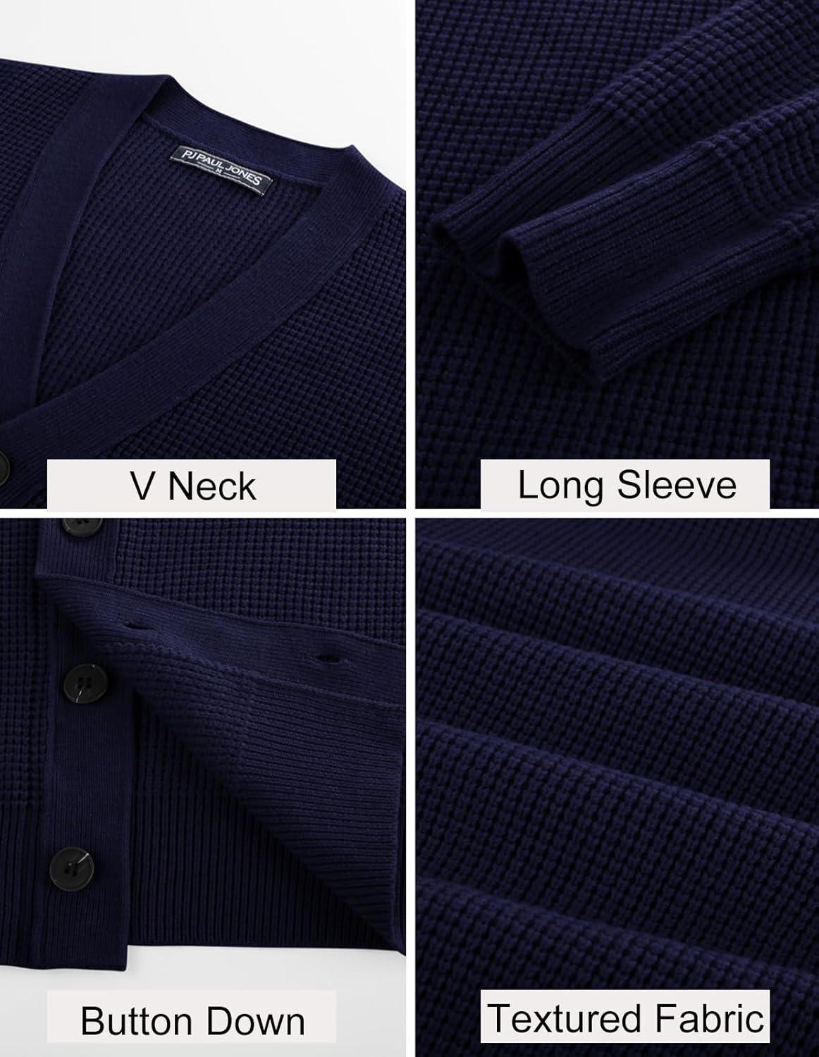imagePJ PAUL JONES Mens Waffle Textured Cardigan Sweater Long Sleeve VNeck Knitted SweatersNavy Blue