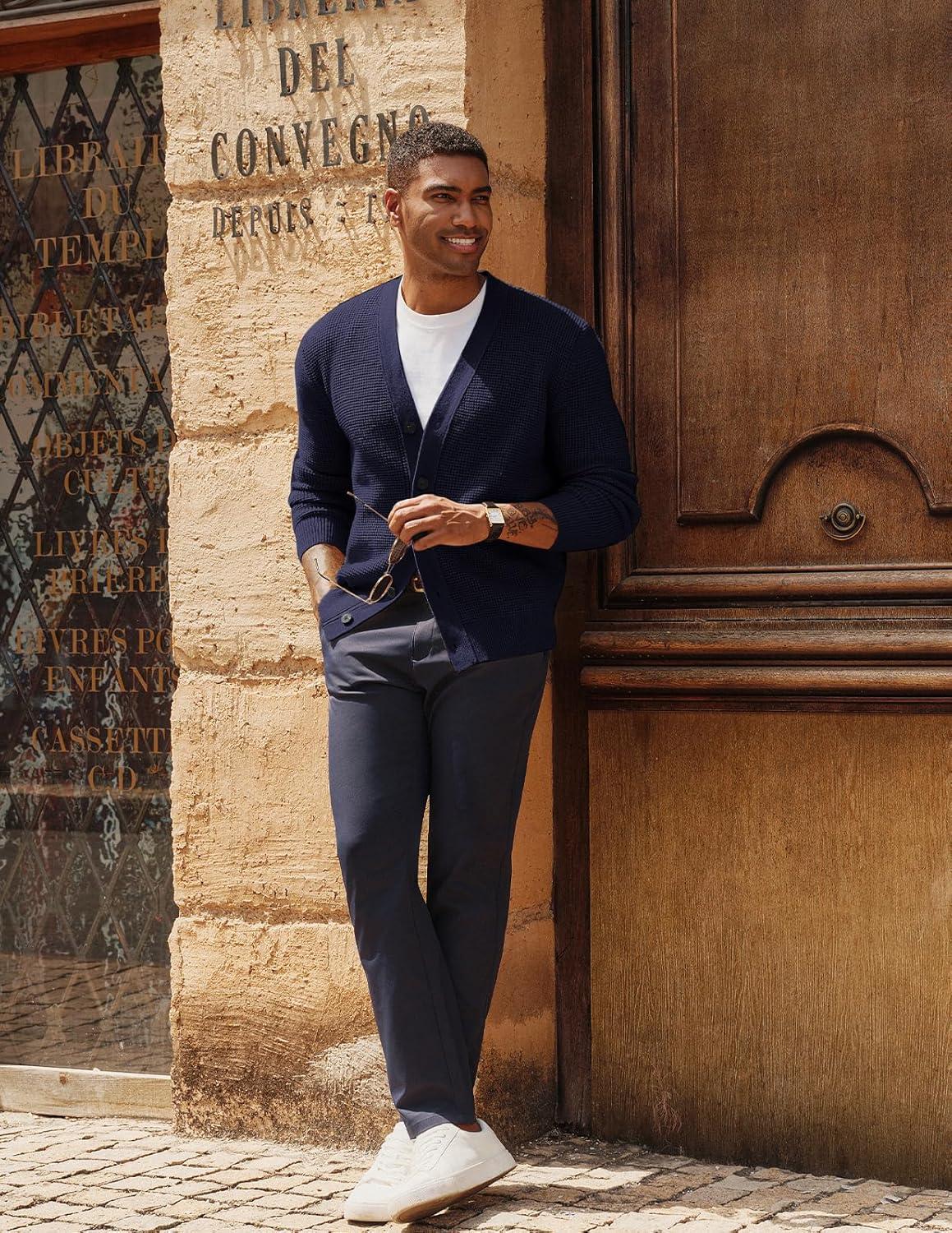 imagePJ PAUL JONES Mens Waffle Textured Cardigan Sweater Long Sleeve VNeck Knitted SweatersNavy Blue