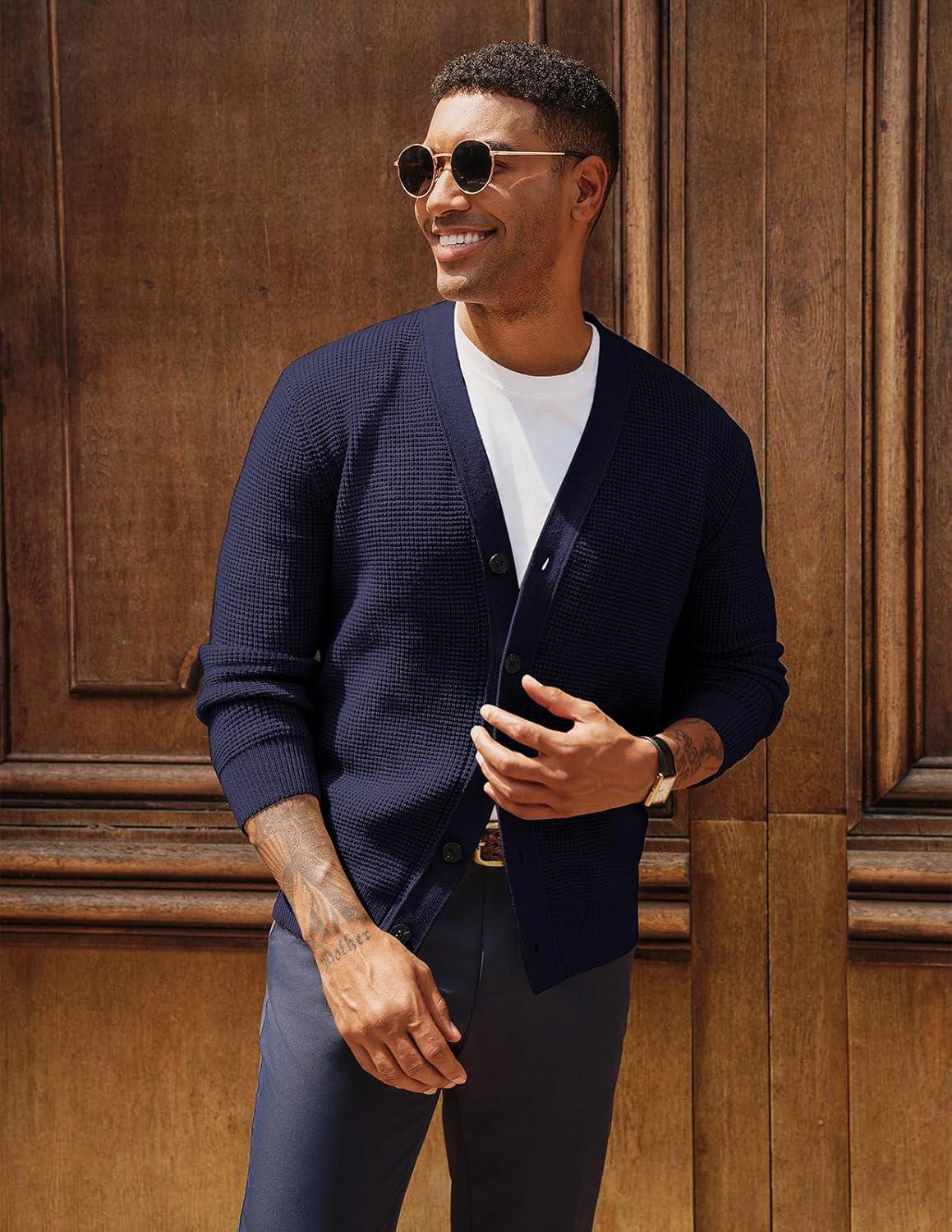 imagePJ PAUL JONES Mens Waffle Textured Cardigan Sweater Long Sleeve VNeck Knitted SweatersNavy Blue