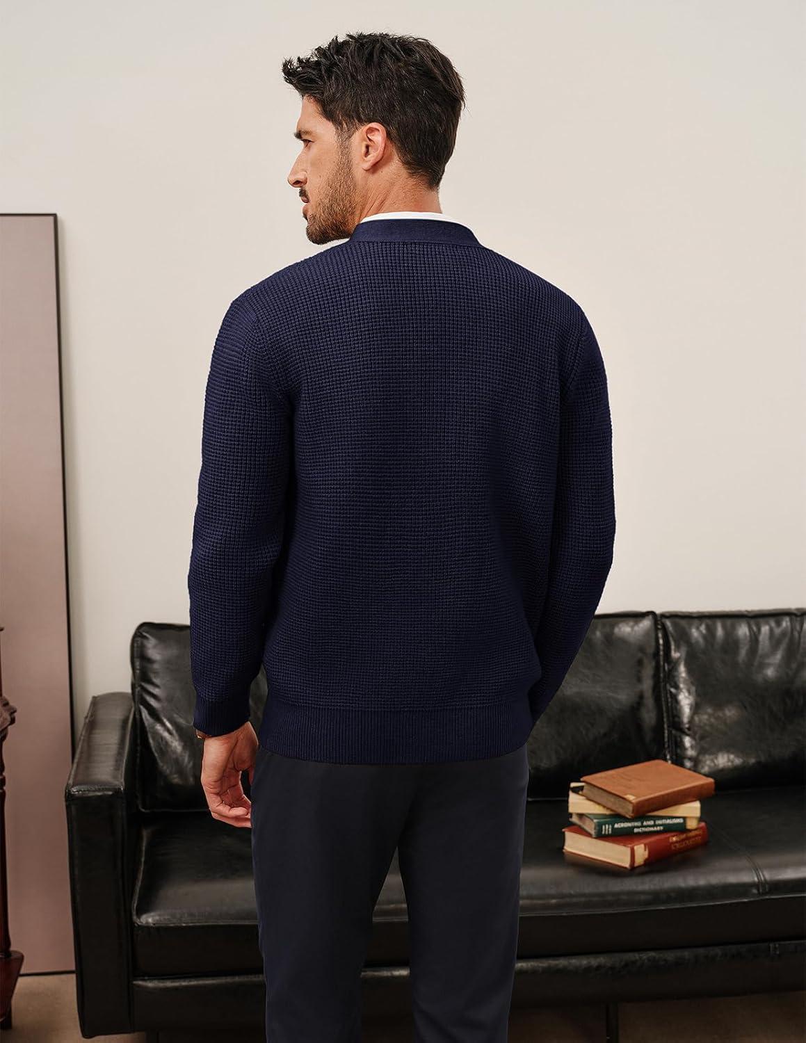 imagePJ PAUL JONES Mens Waffle Textured Cardigan Sweater Long Sleeve VNeck Knitted SweatersNavy Blue