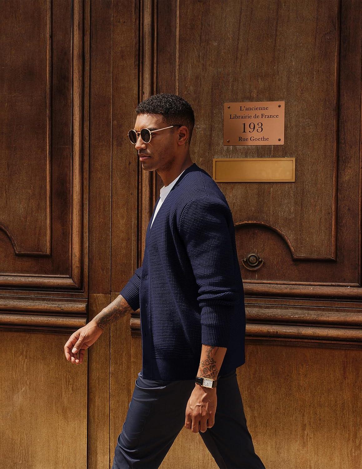 imagePJ PAUL JONES Mens Waffle Textured Cardigan Sweater Long Sleeve VNeck Knitted SweatersNavy Blue