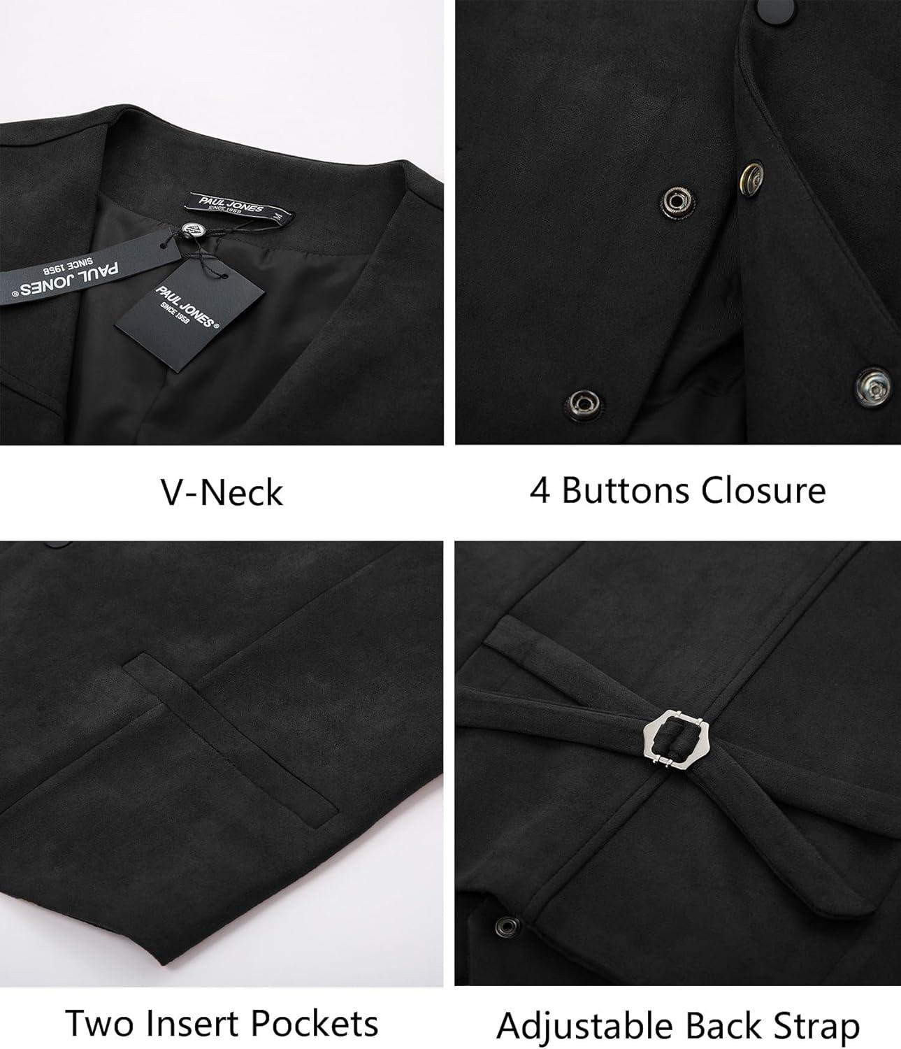 imagePJ PAUL JONES Mens Western Cowboy Suit Vest Slim Fit Faux Suede Leather Dress Vests Waistcoat for WeddingBlack