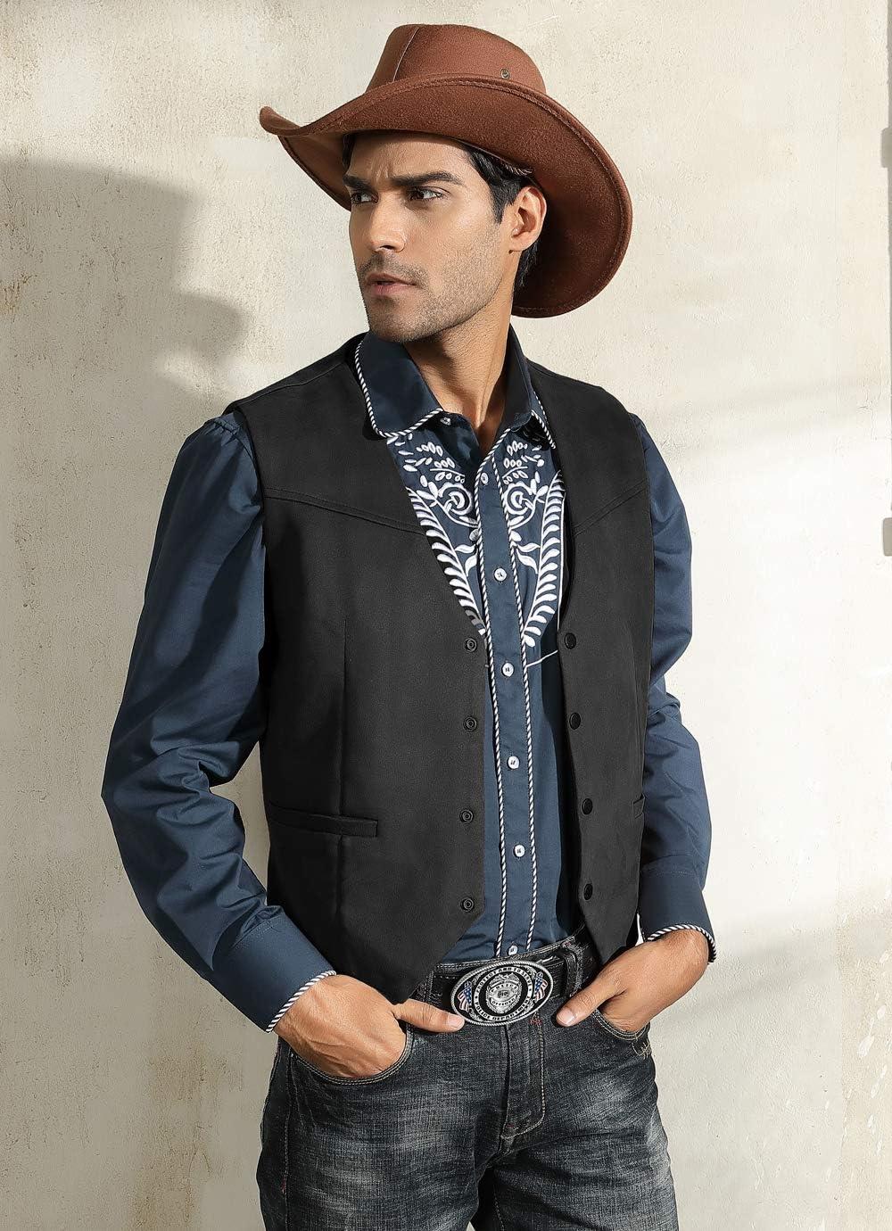 imagePJ PAUL JONES Mens Western Cowboy Suit Vest Slim Fit Faux Suede Leather Dress Vests Waistcoat for WeddingBlack