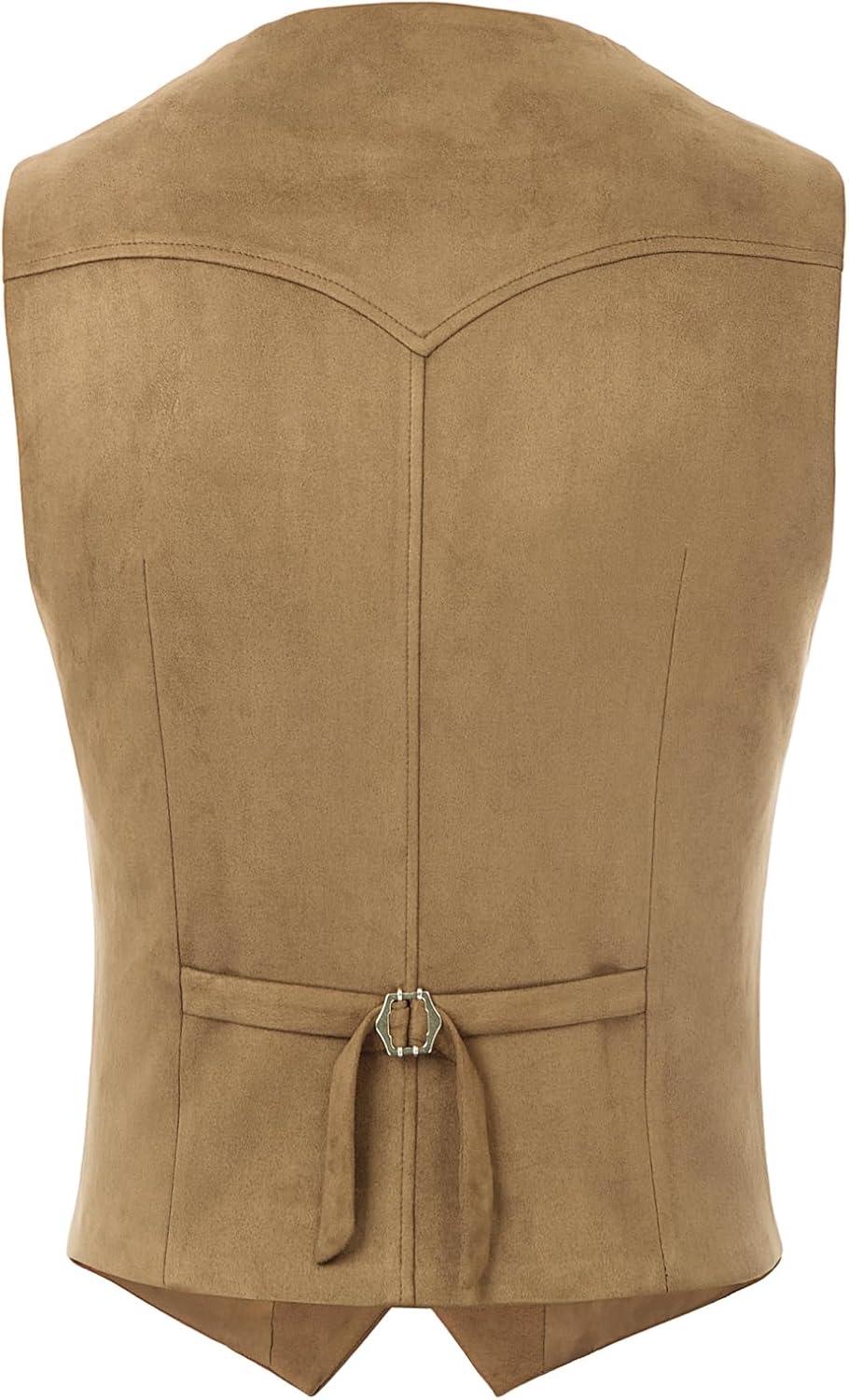 imagePJ PAUL JONES Mens Western Cowboy Suit Vest Slim Fit Faux Suede Leather Dress Vests Waistcoat for WeddingKhaki