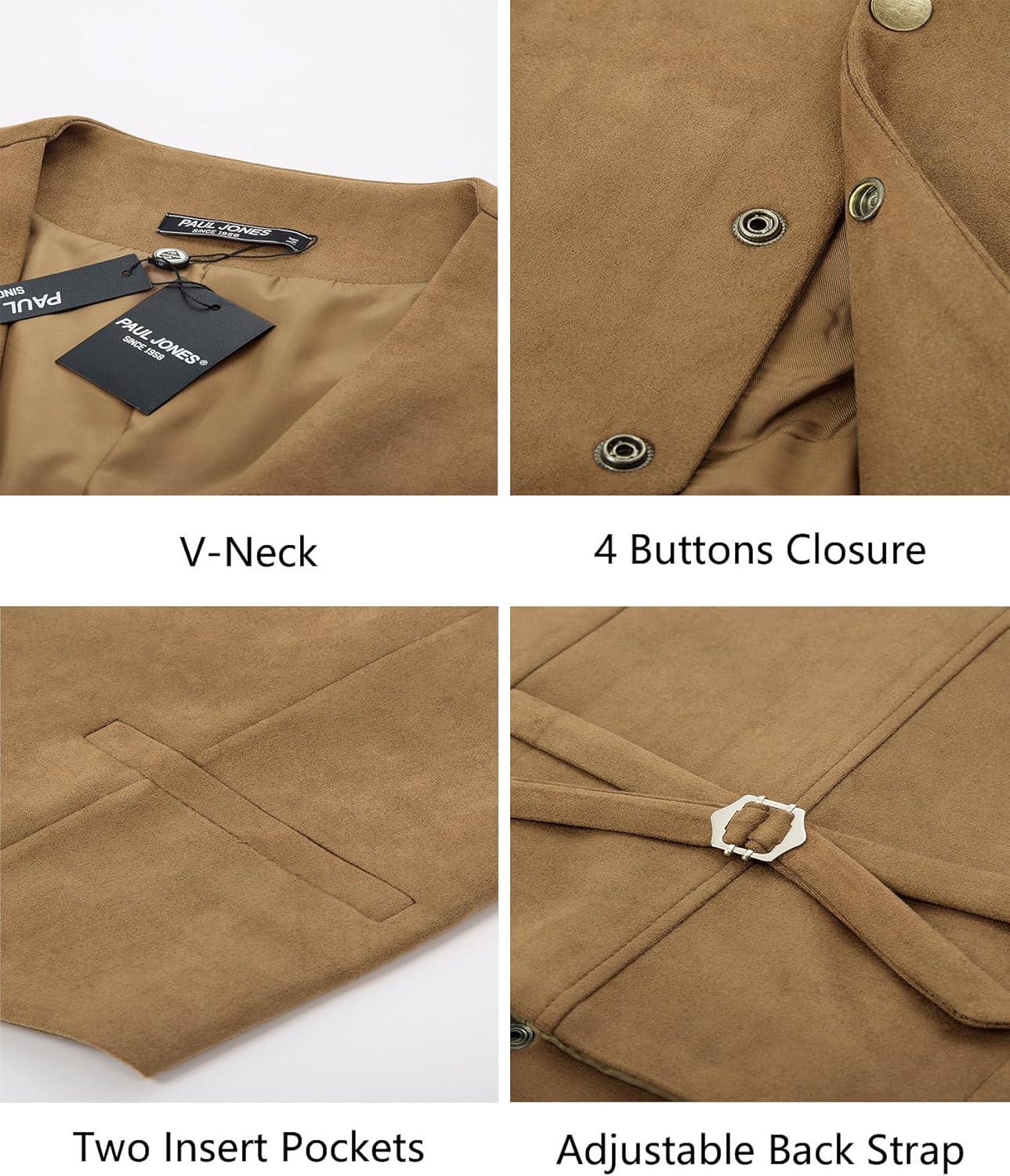 imagePJ PAUL JONES Mens Western Cowboy Suit Vest Slim Fit Faux Suede Leather Dress Vests Waistcoat for WeddingKhaki