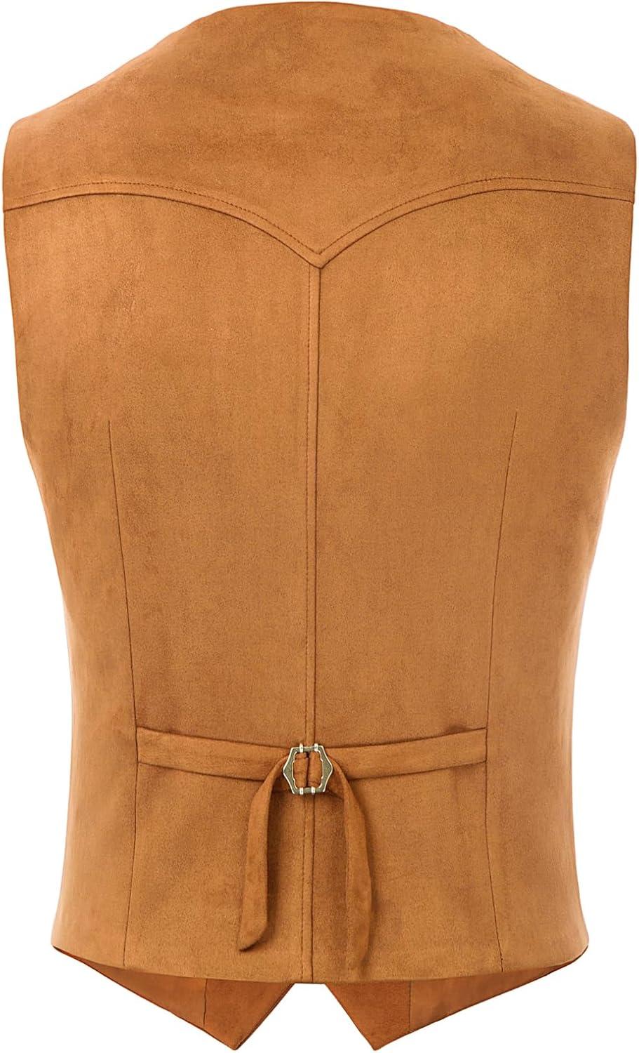 imagePJ PAUL JONES Mens Western Cowboy Suit Vest Slim Fit Faux Suede Leather Dress Vests Waistcoat for WeddingReddish Brown