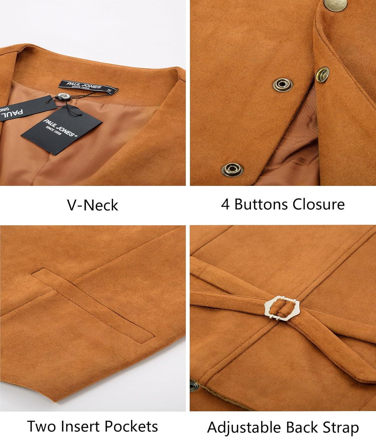 imagePJ PAUL JONES Mens Western Cowboy Suit Vest Slim Fit Faux Suede Leather Dress Vests Waistcoat for WeddingReddish Brown