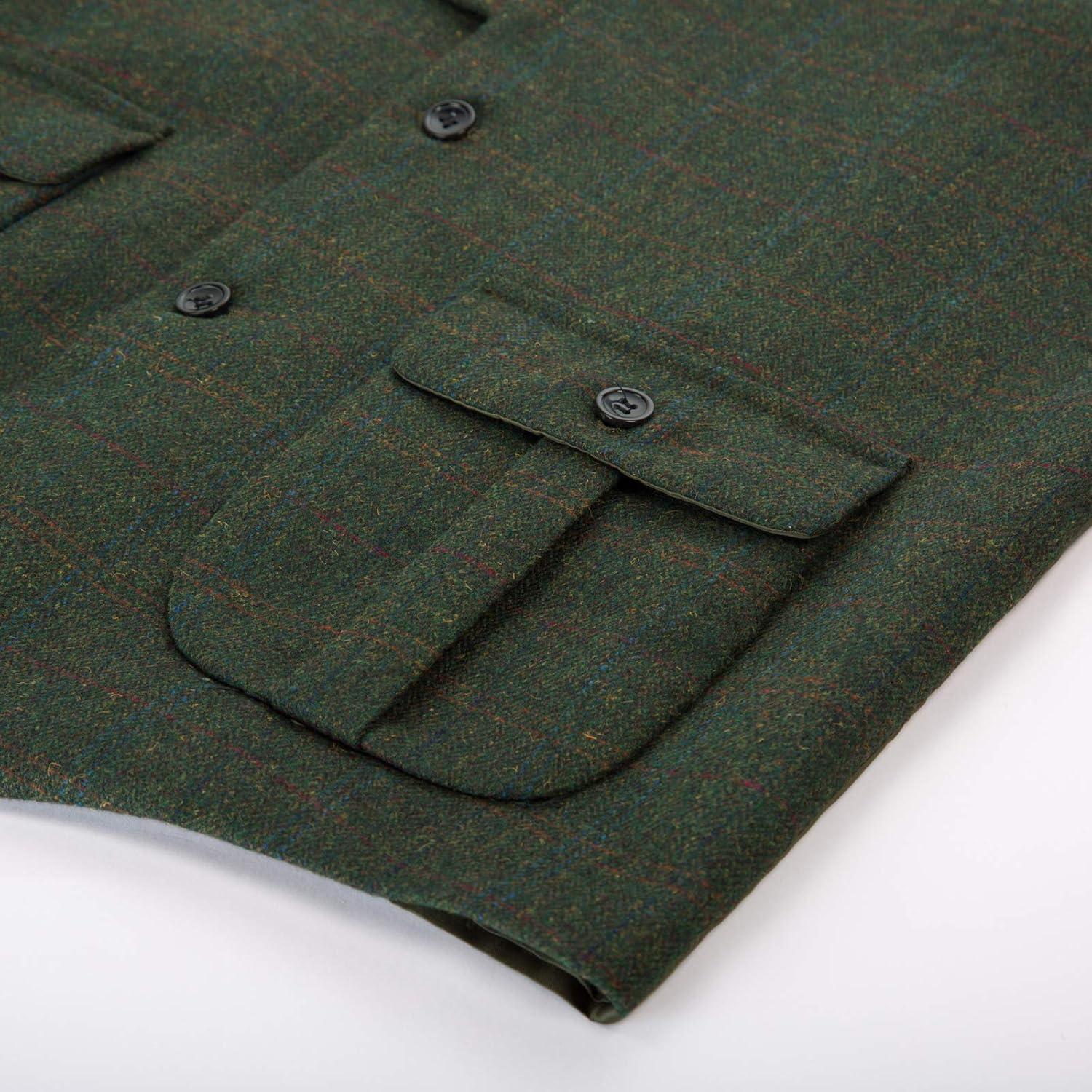 imagePJ PAUL JONES Mens Western Herringbone Suit Vest Tweed Wool Blend Slim Fit WaistcoatBarmy Green Plaid
