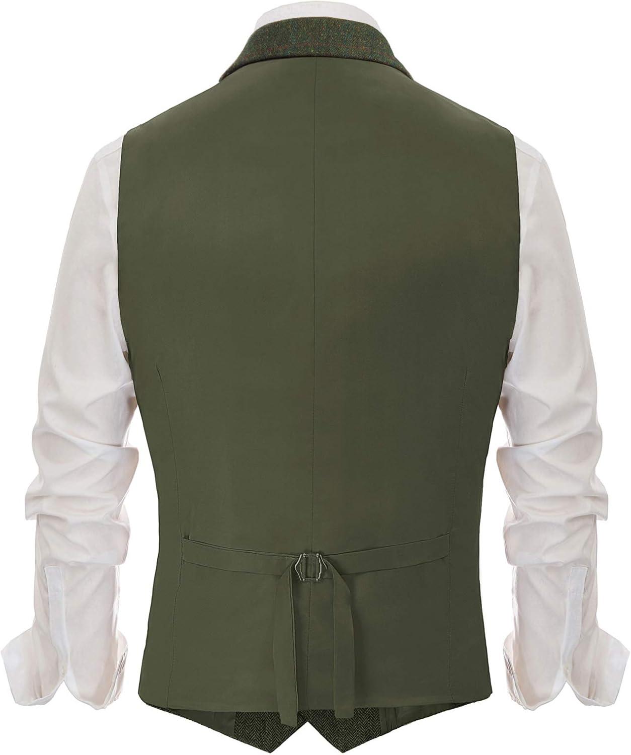 imagePJ PAUL JONES Mens Western Herringbone Suit Vest Tweed Wool Blend Slim Fit WaistcoatBarmy Green Plaid