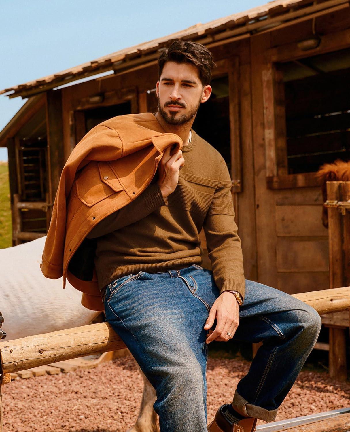 imagePJ PAUL JONES Sweaters for Men Casual Crewneck Pullover Sweater Knit Textured SweatersCoffee