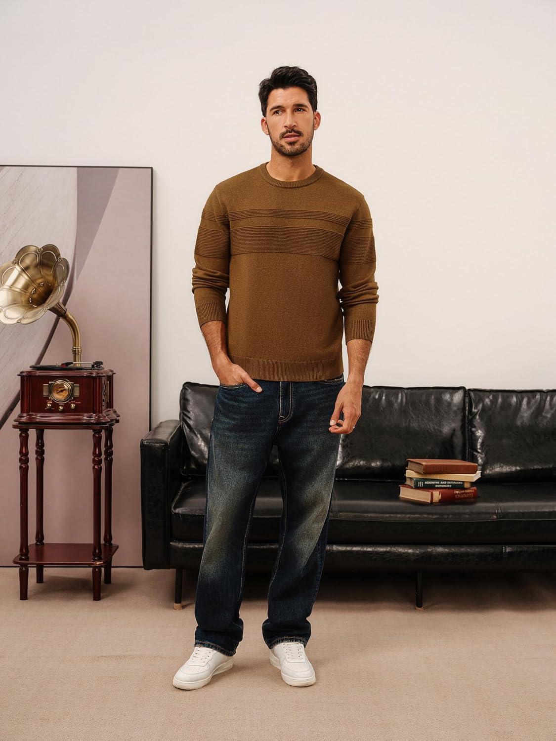 imagePJ PAUL JONES Sweaters for Men Casual Crewneck Pullover Sweater Knit Textured SweatersCoffee