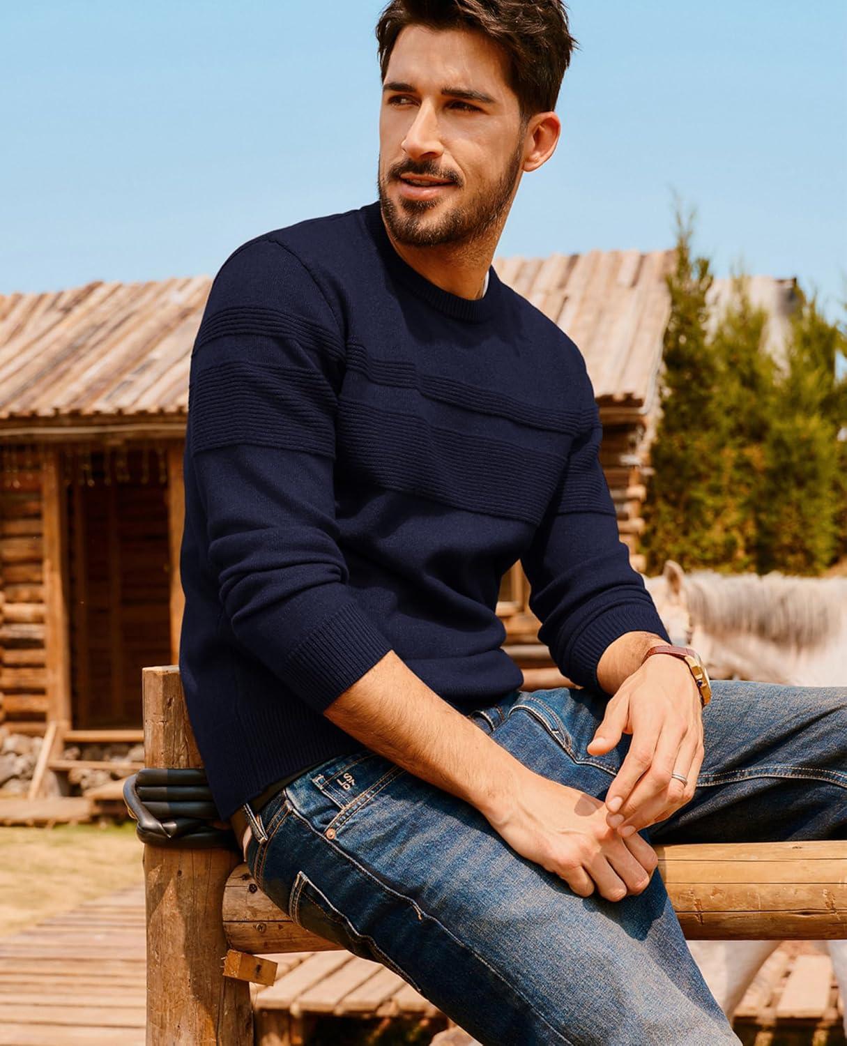 imagePJ PAUL JONES Sweaters for Men Casual Crewneck Pullover Sweater Knit Textured SweatersNavy Blue