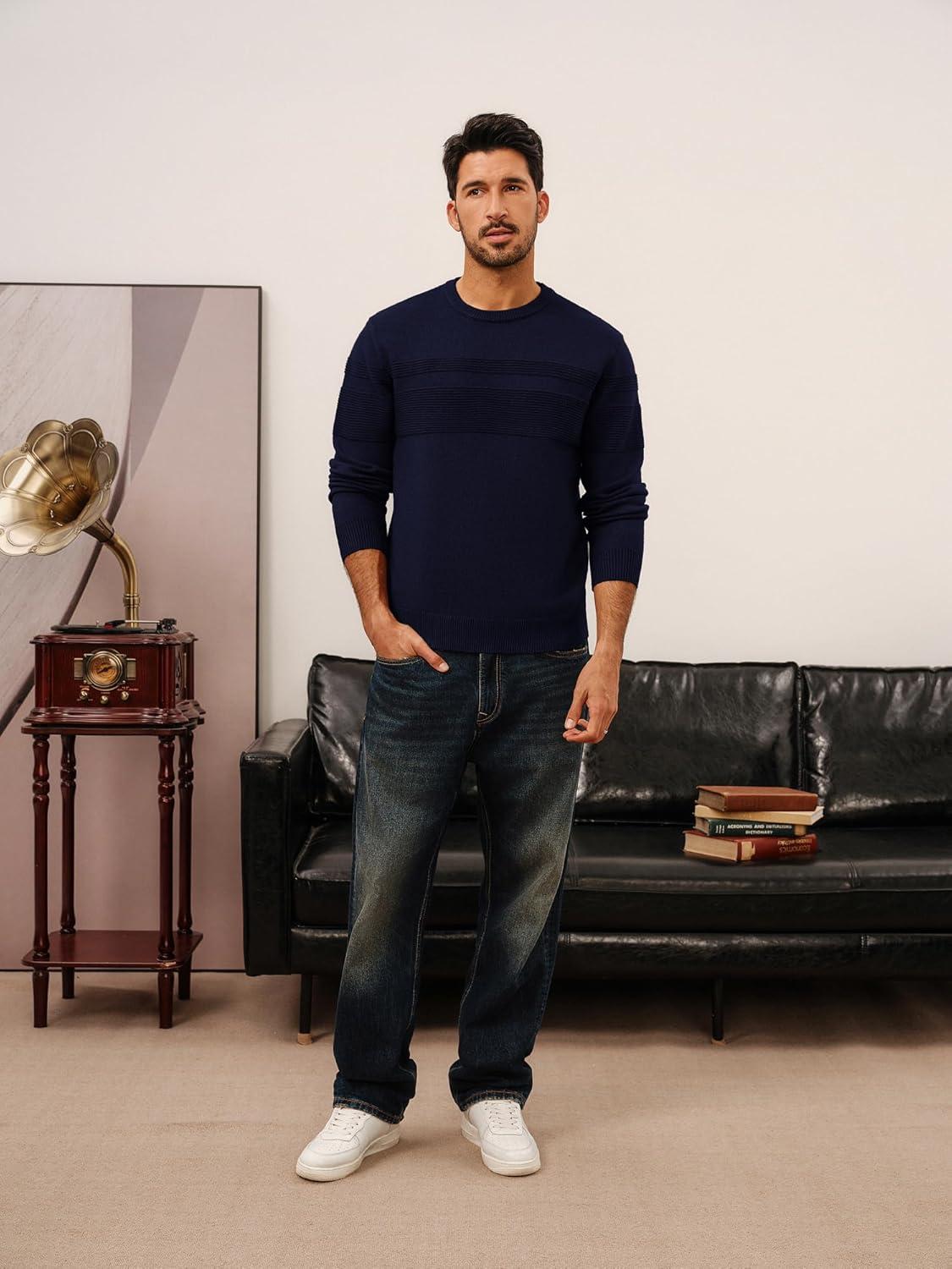 imagePJ PAUL JONES Sweaters for Men Casual Crewneck Pullover Sweater Knit Textured SweatersNavy Blue