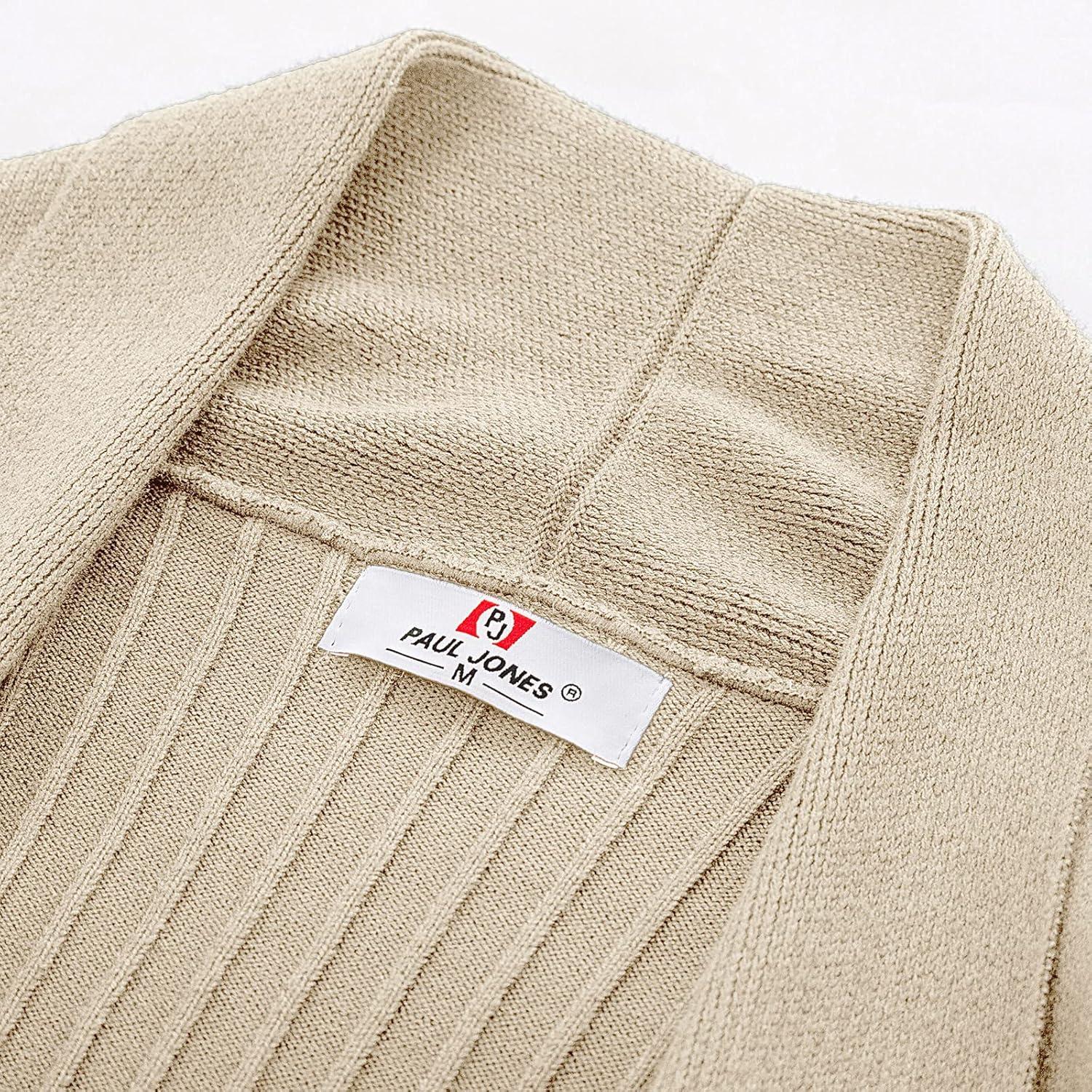 imagePJ PUAL JONES Mens Shawl Collar Open Front Long Cardigan Ribbed Knit Sweater with PocketsBeige