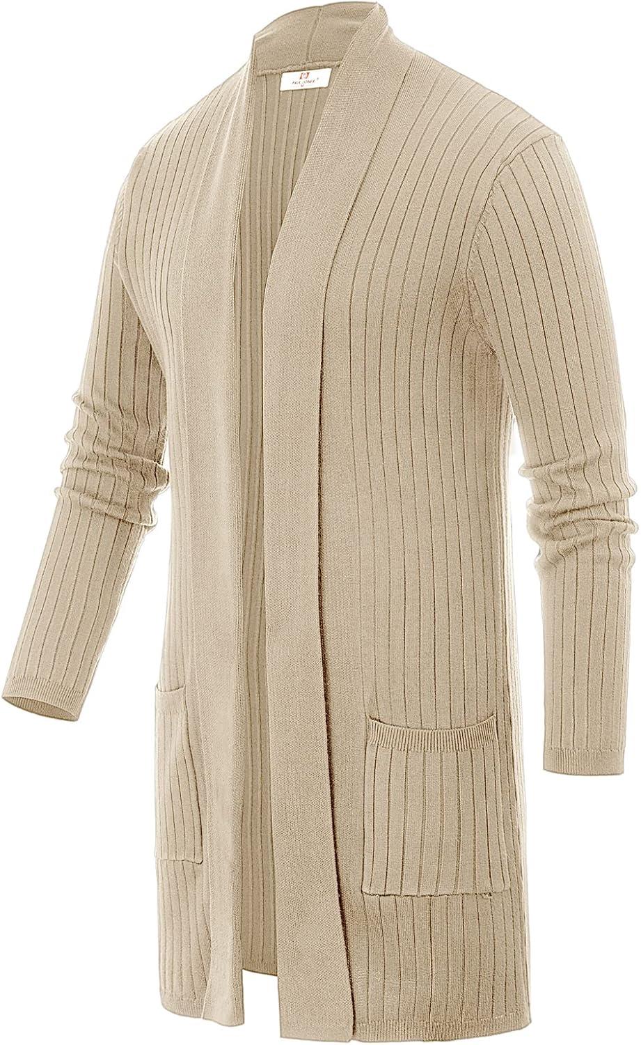 imagePJ PUAL JONES Mens Shawl Collar Open Front Long Cardigan Ribbed Knit Sweater with PocketsBeige