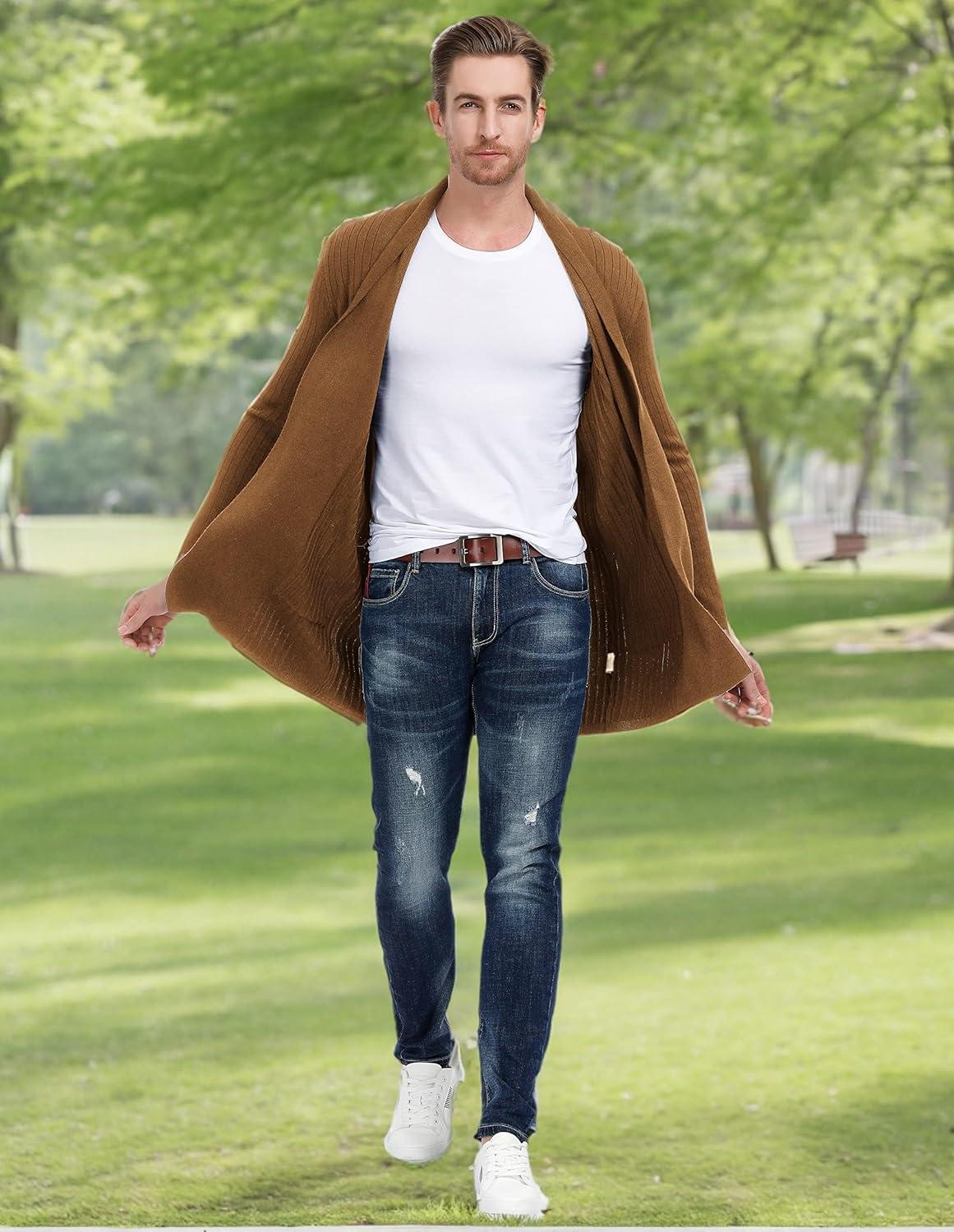 imagePJ PUAL JONES Mens Shawl Collar Open Front Long Cardigan Ribbed Knit Sweater with PocketsBrown